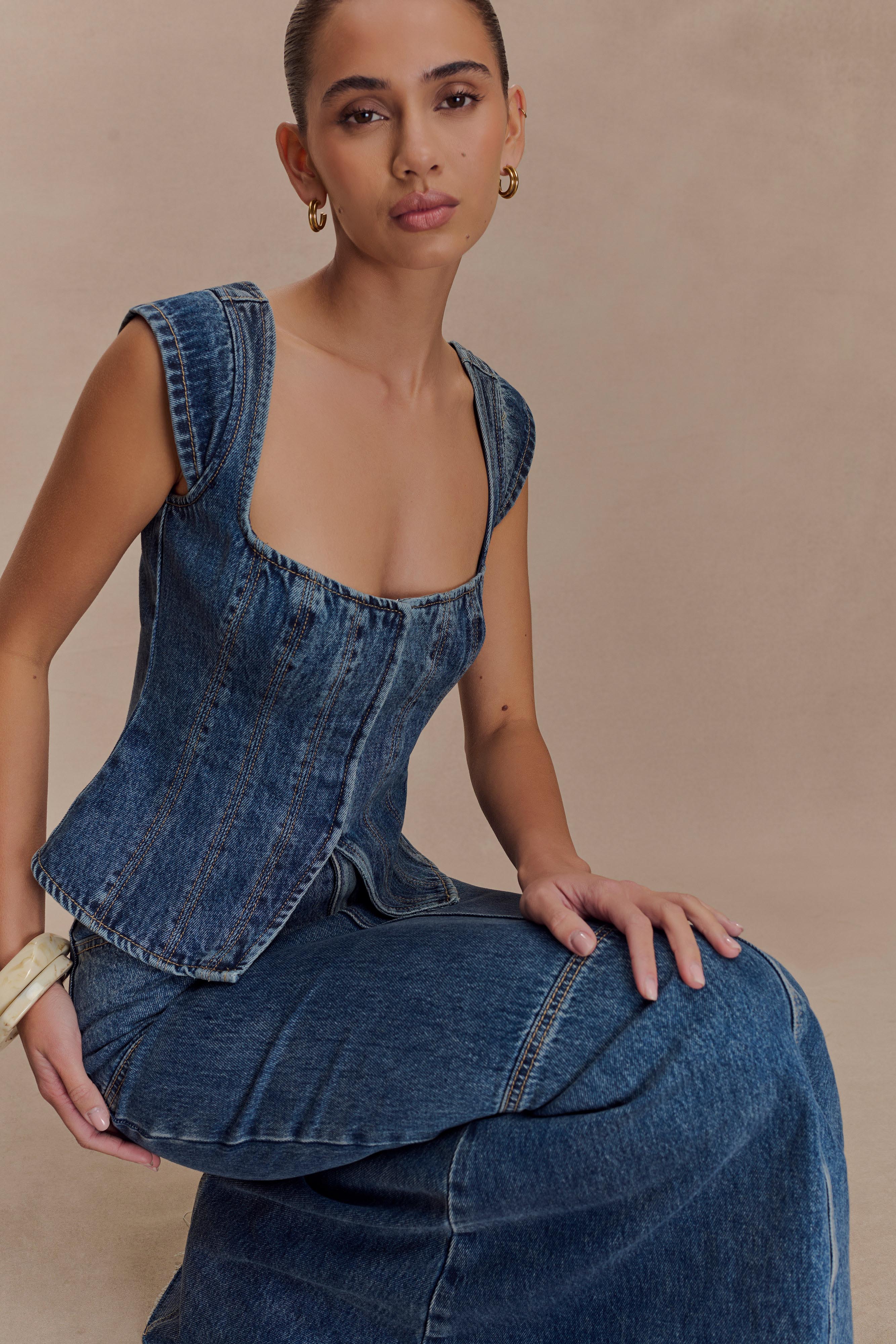 Loretta Cap Sleeve Denim Top - Washed Dark Blue - Image 3