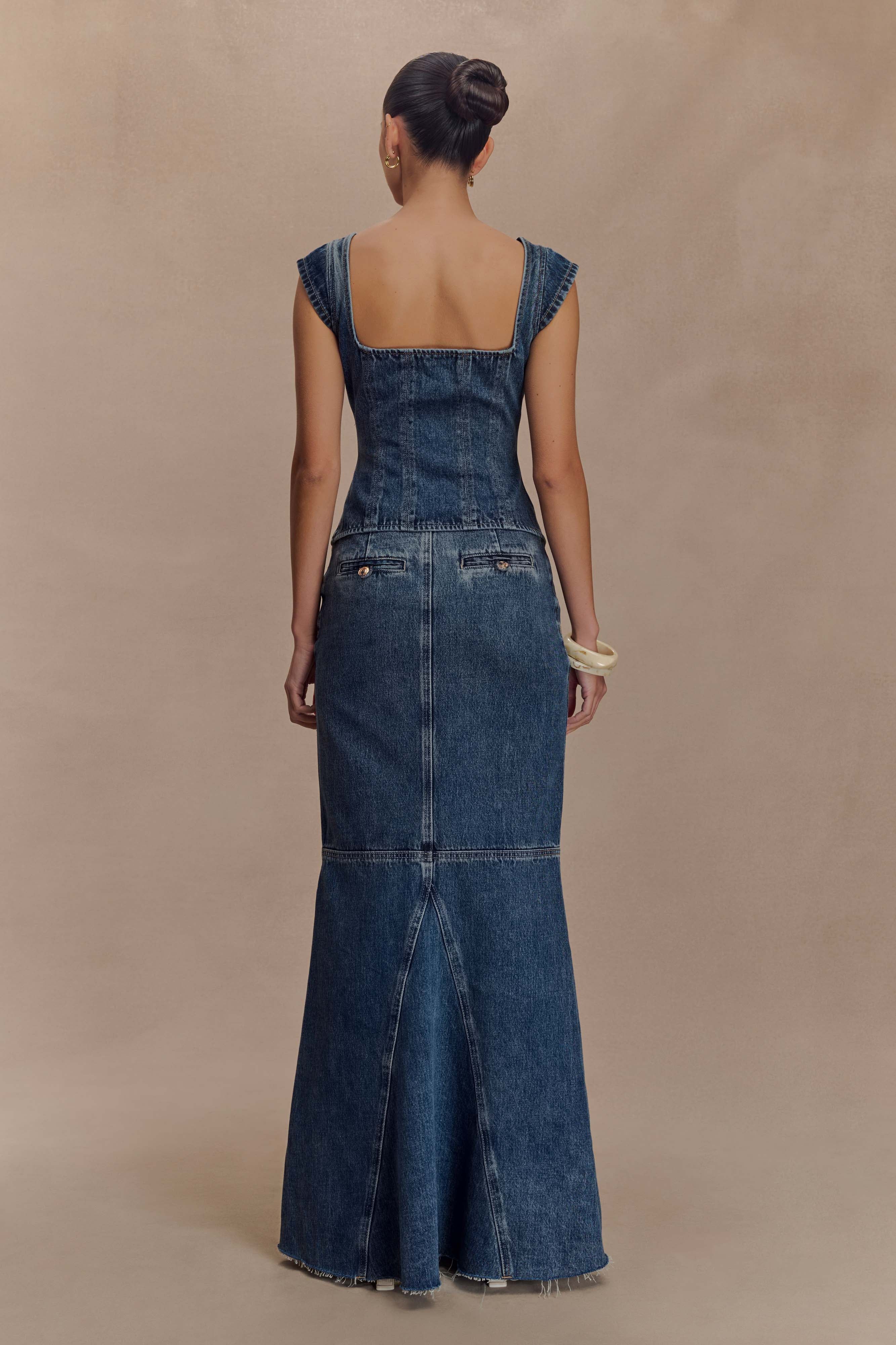 Loretta Cap Sleeve Denim Top - Washed Dark Blue - Image 5