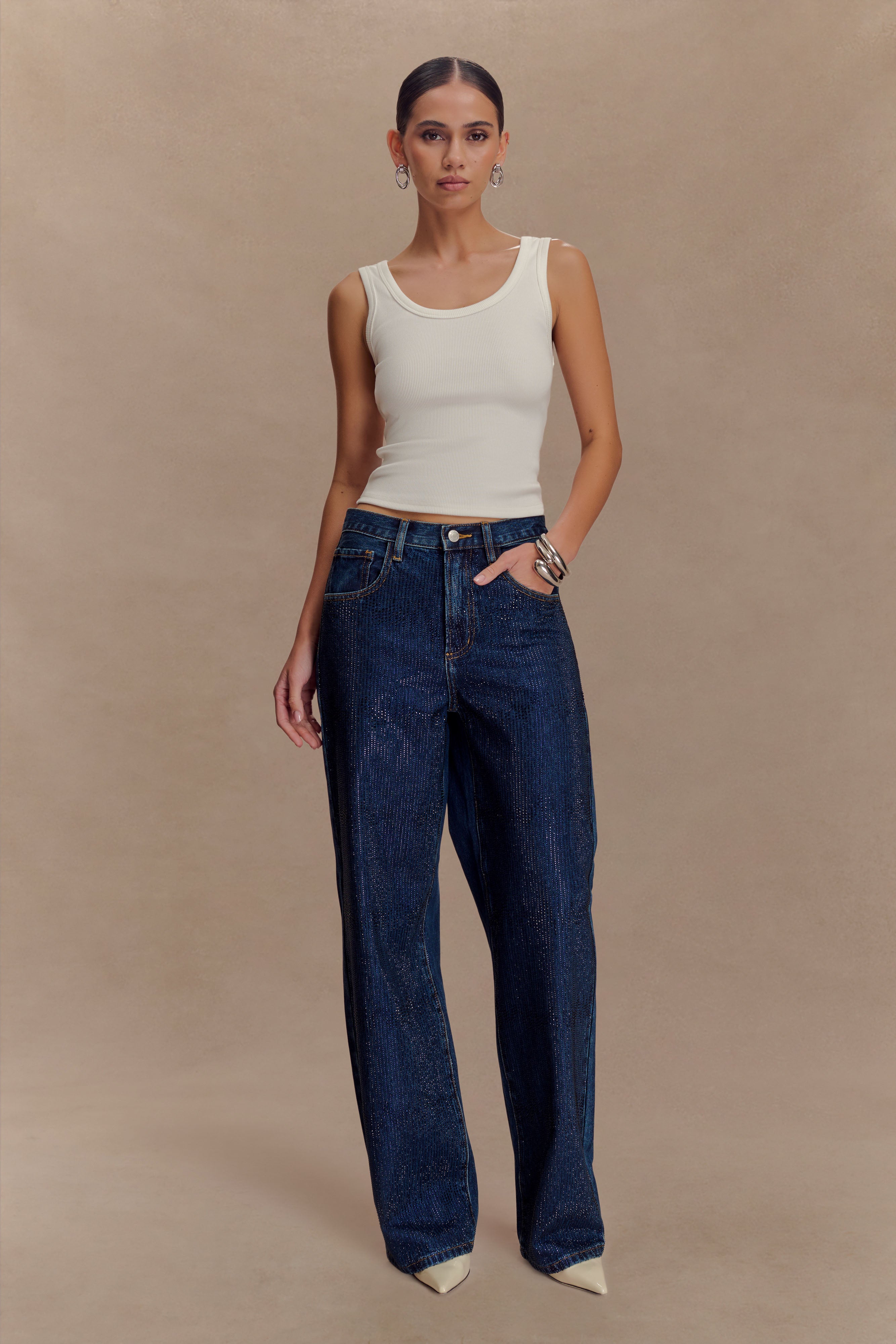 Laina Mid Rise Diamante Denim Jeans - Midnight Blue - Image 6