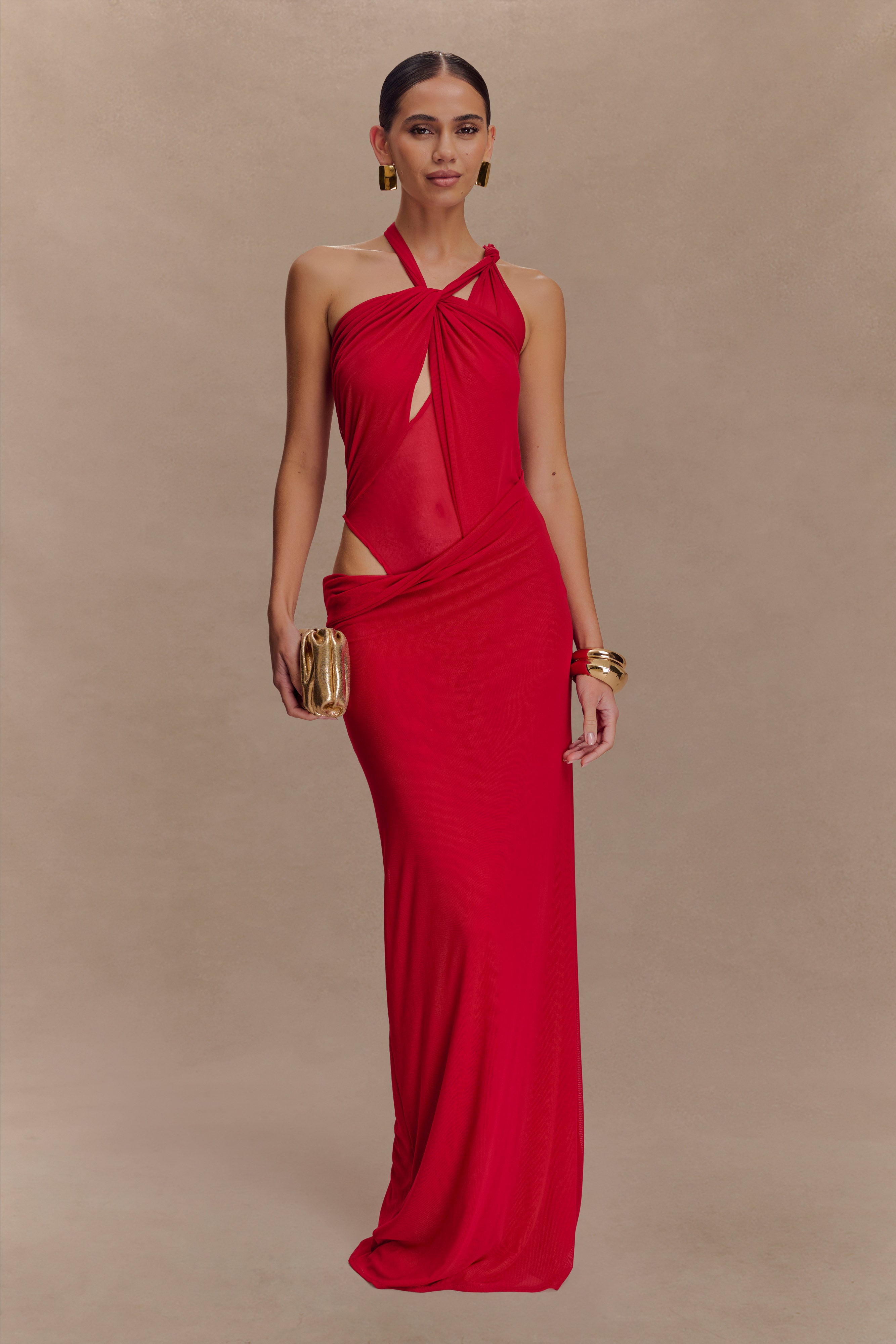 Edwina Knotted Mesh Maxi Dress - Red - Image 7