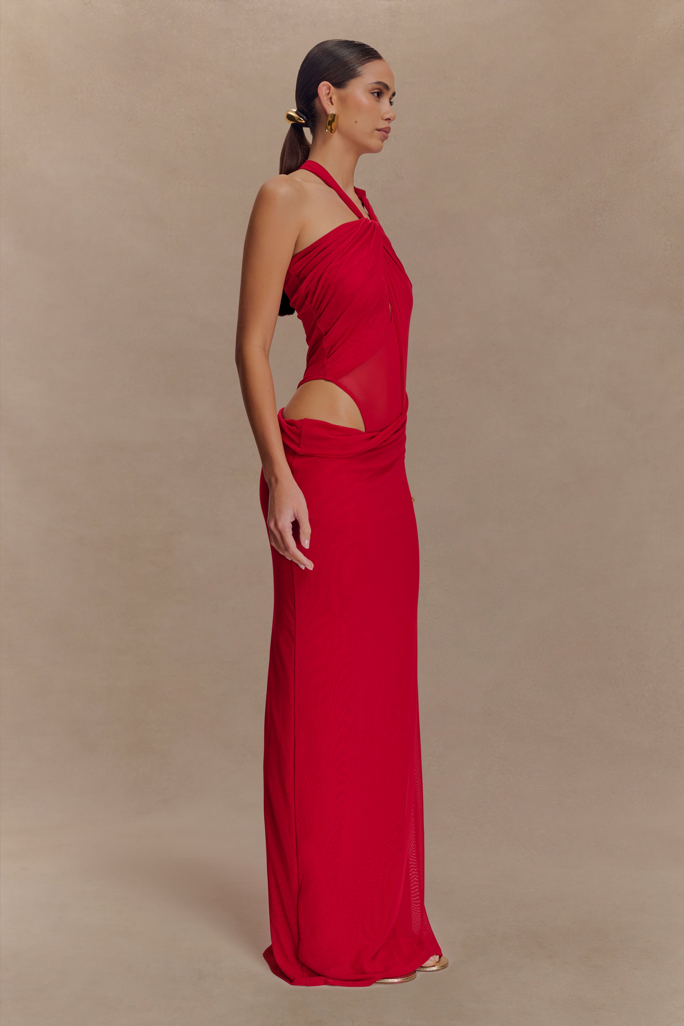 Edwina Knotted Mesh Maxi Dress - Red - Image 6