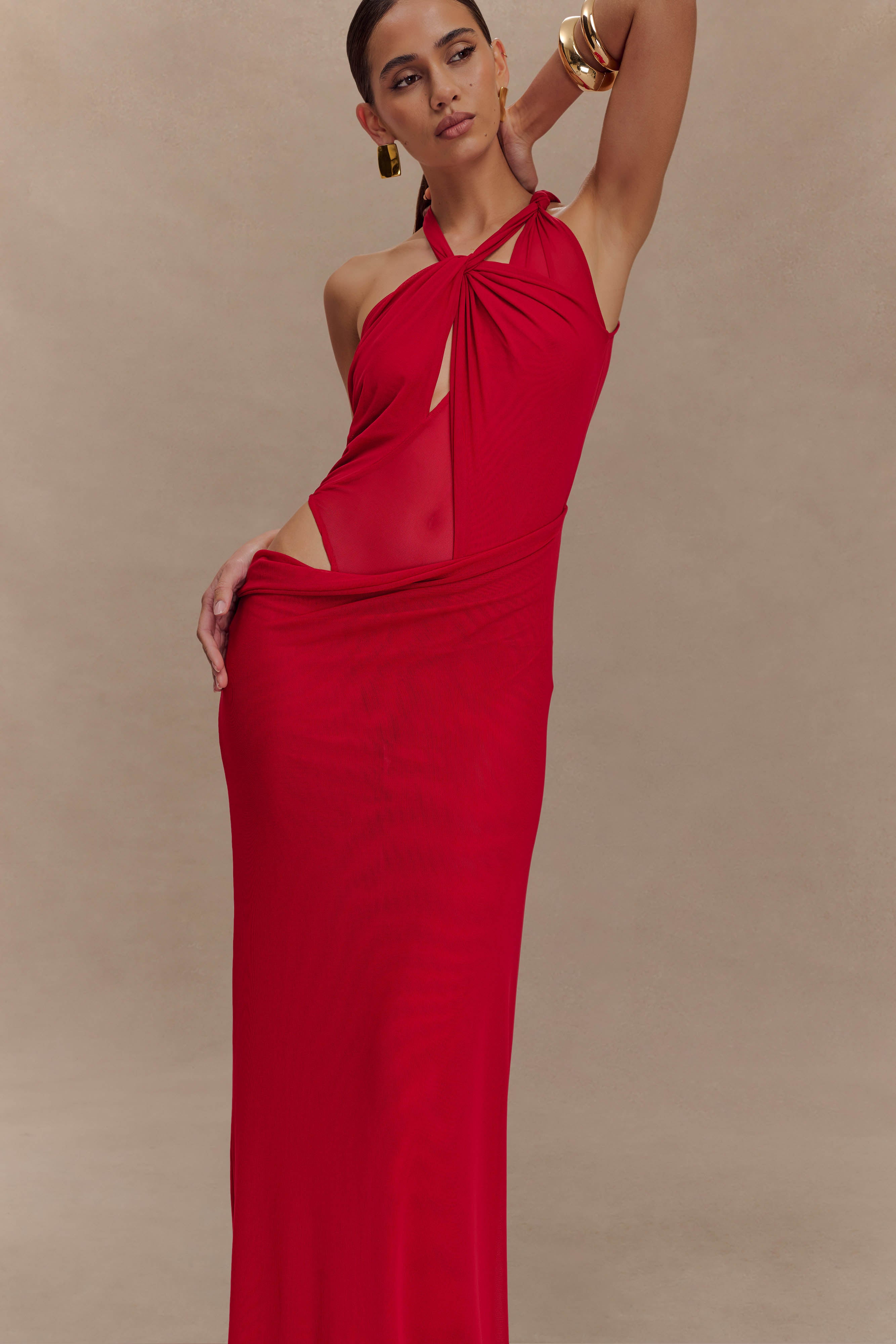 Edwina Knotted Mesh Maxi Dress - Red - Image 8