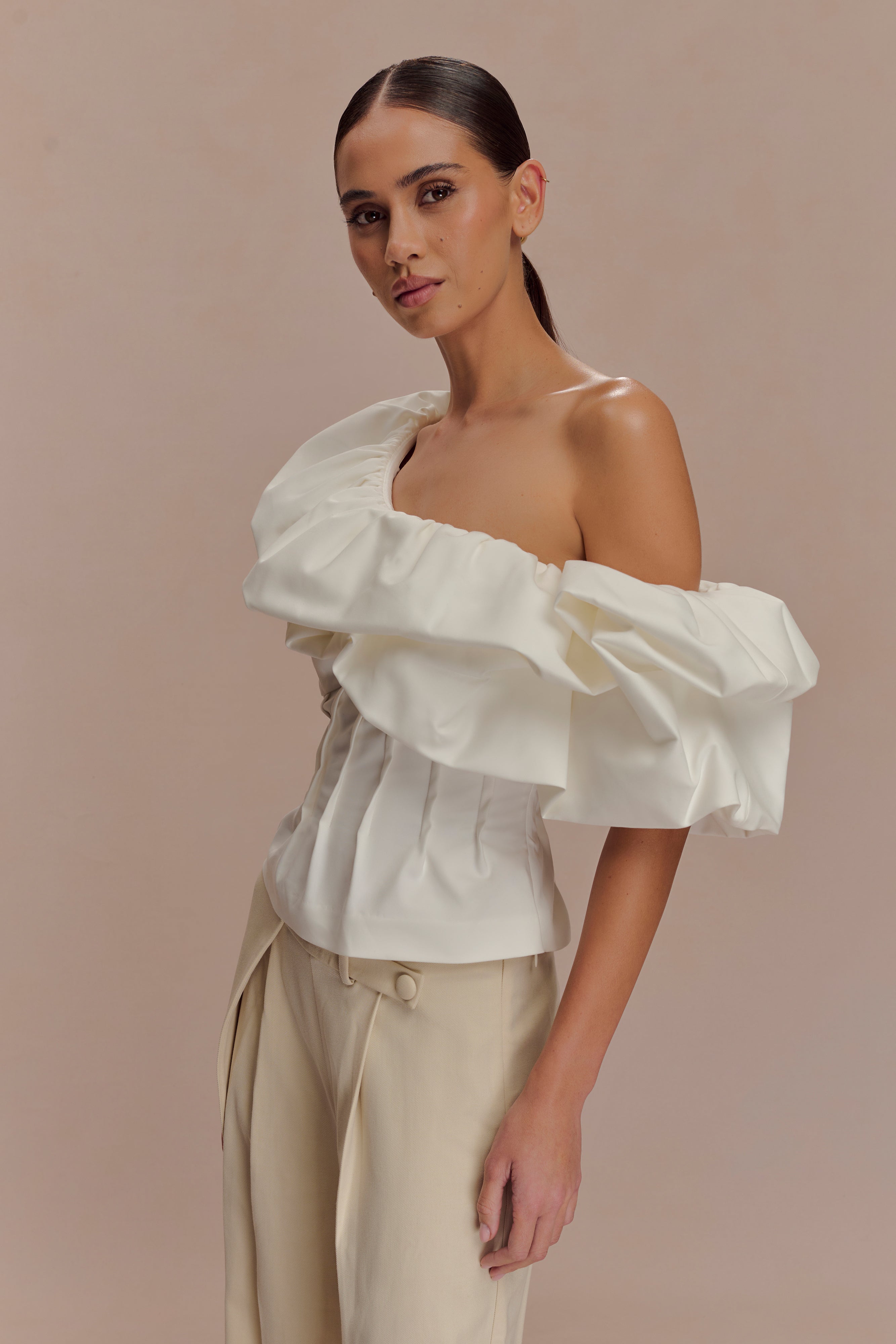 Debbie One Shoulder Bubble Top - White - Image 2