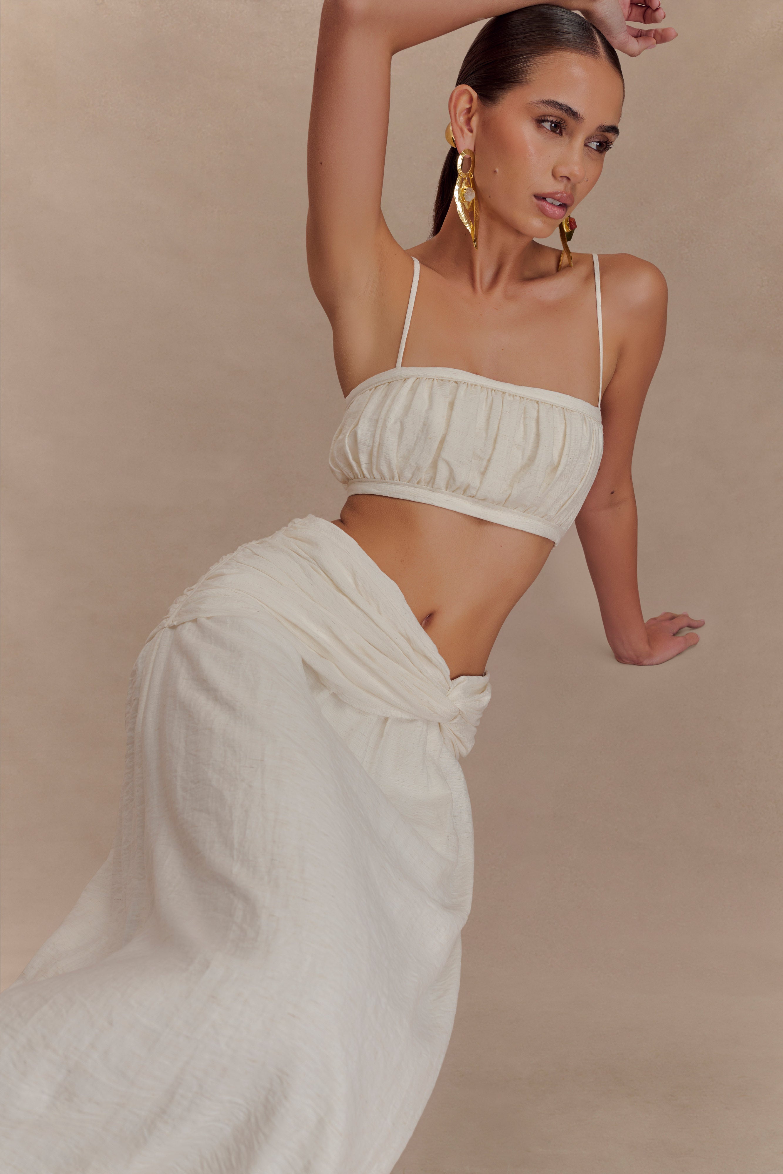 Scottie Gathered Linen Knot Maxi Skirt - Oat Marle - Image 3