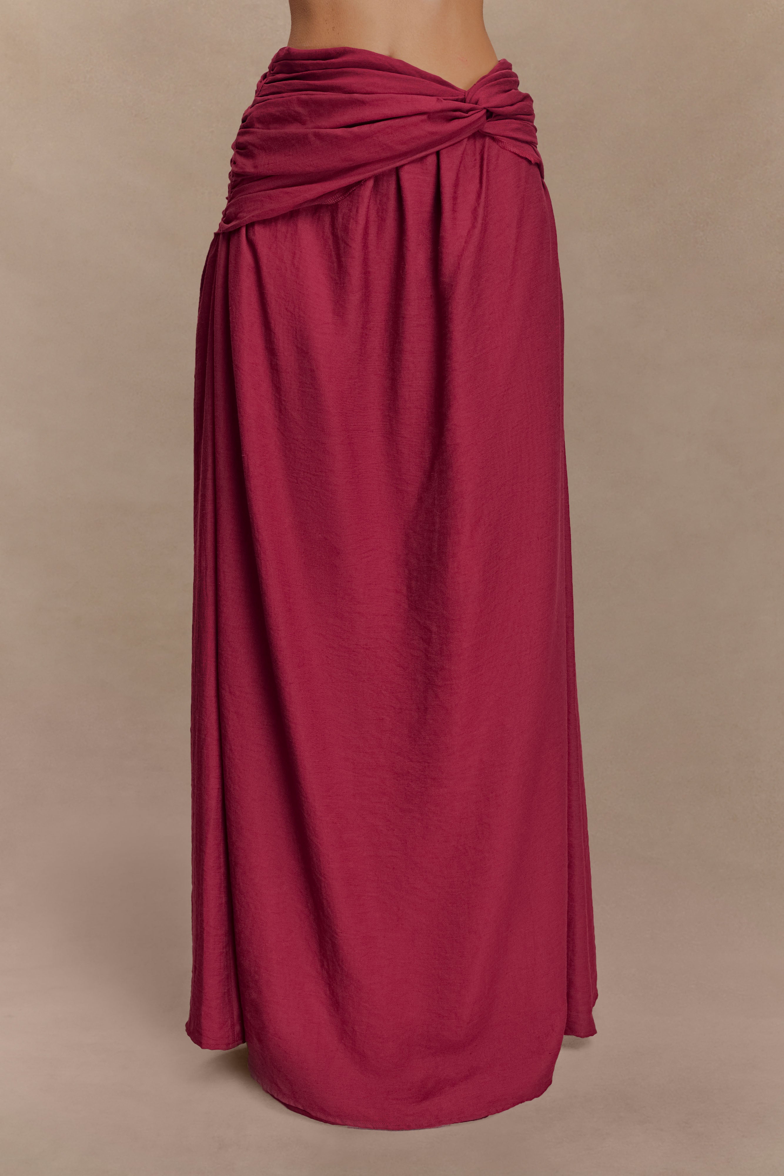 Scottie Gathered Linen Knot Maxi Skirt - Wine - Image 3
