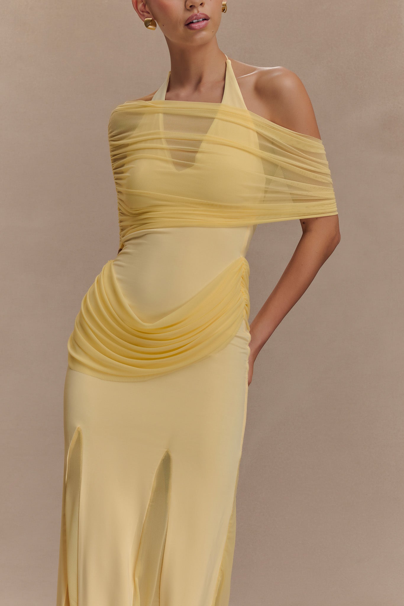 Gabrielle Slinky And Mesh Maxi Dress - Lemon - Image 4