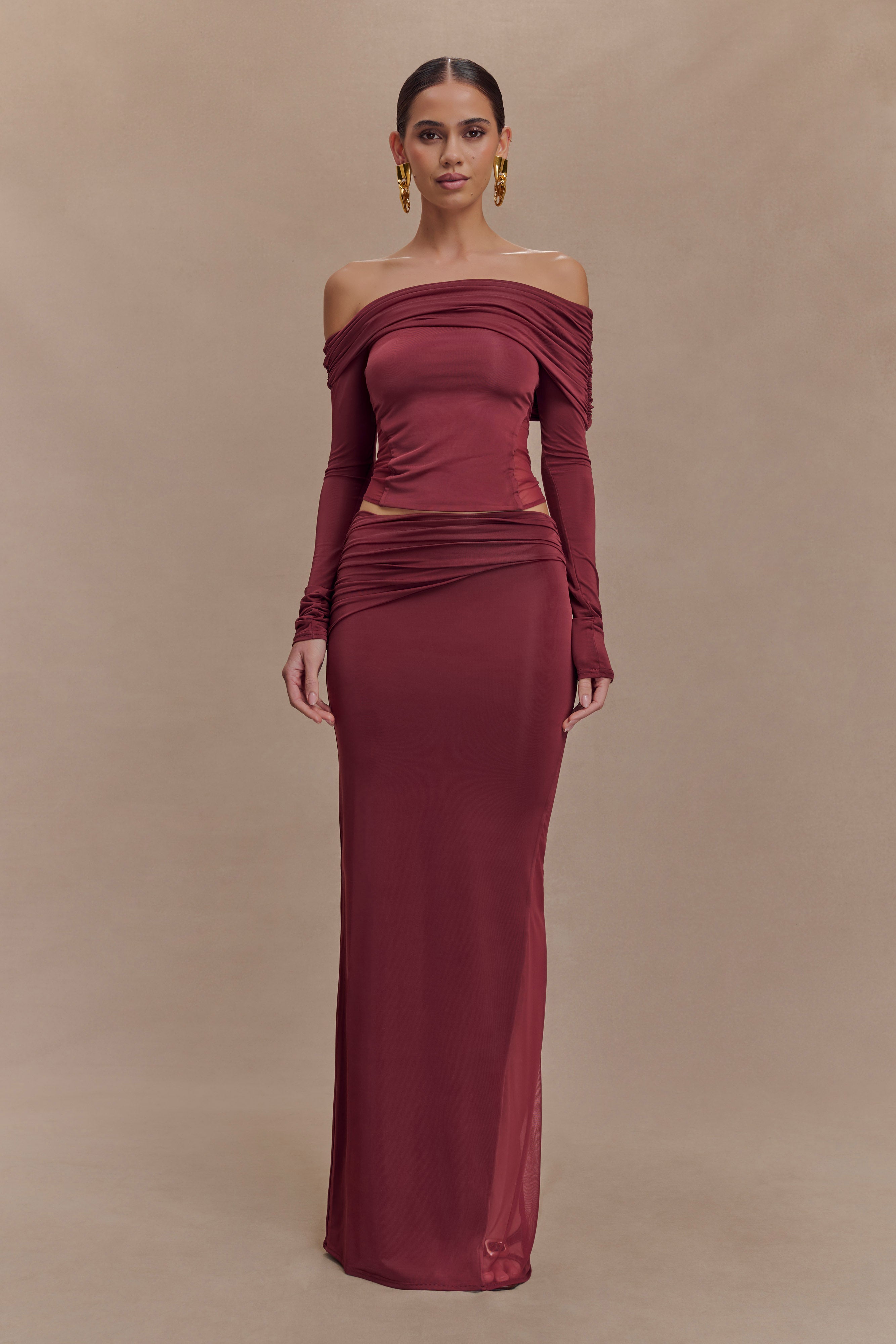 Judy Slinky And Mesh Maxi Skirt - Wine - Image 3