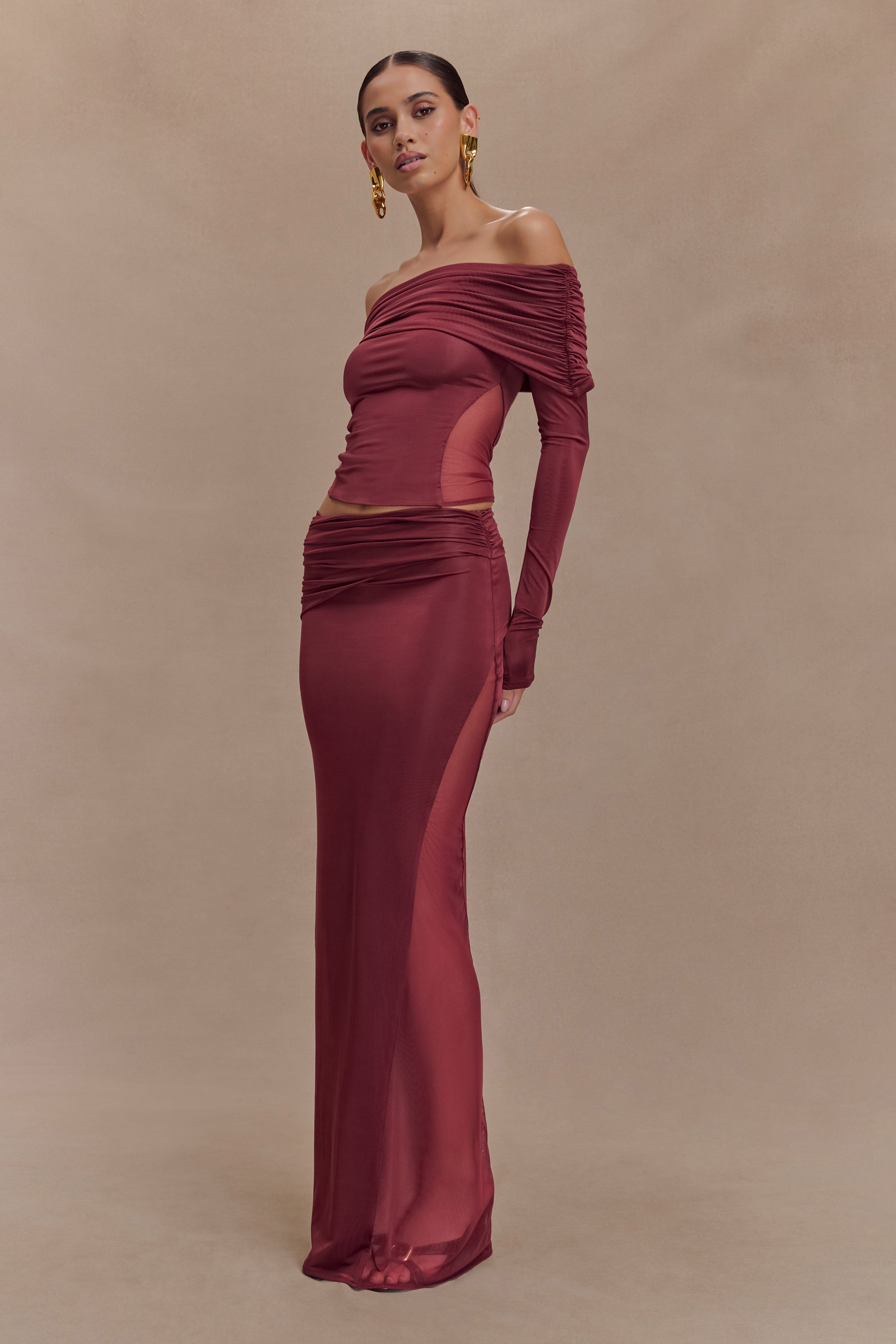 Judy Slinky And Mesh Maxi Skirt - Wine - Image 4