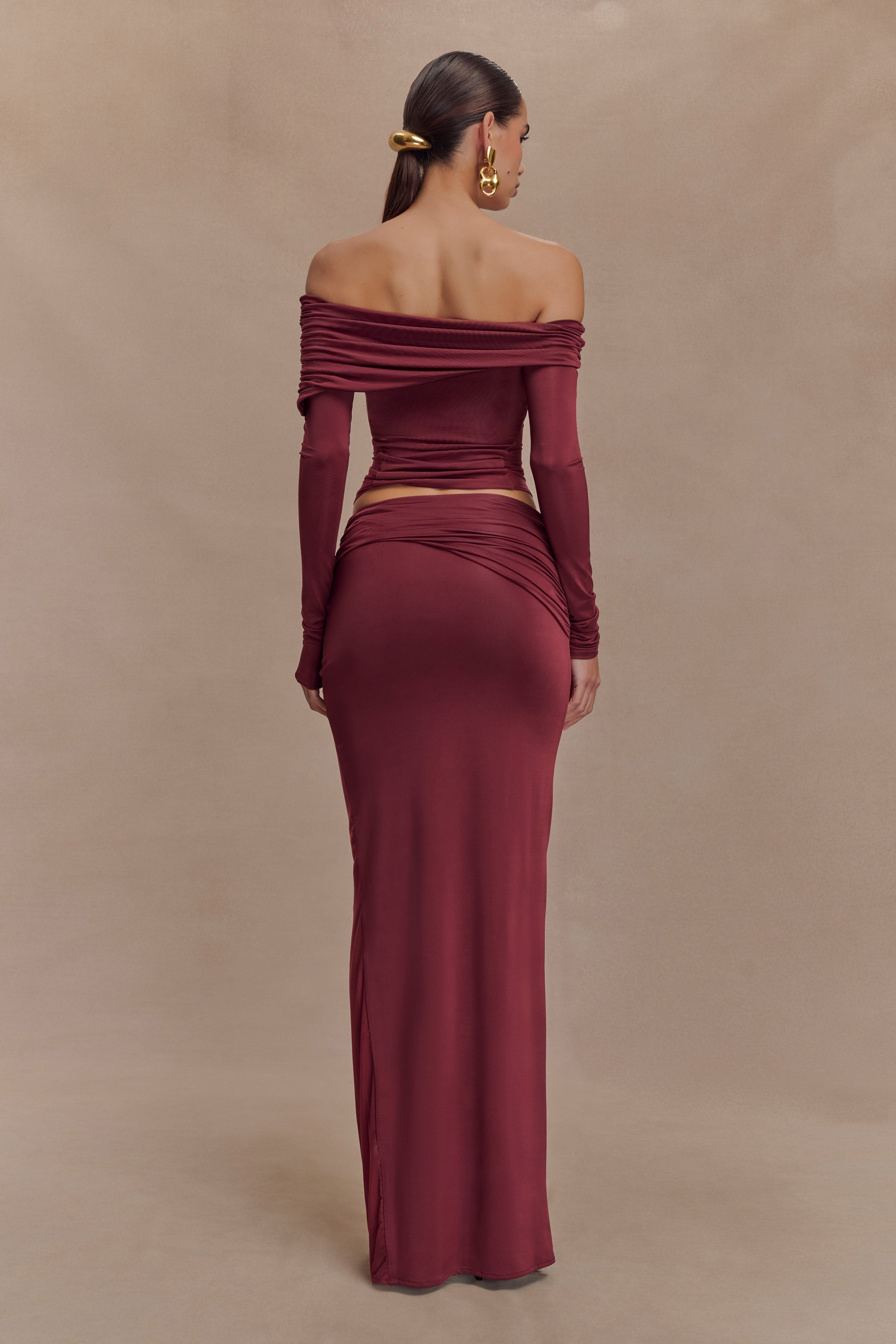 Judy Slinky And Mesh Off Shoulder Top - Wine - Image 3