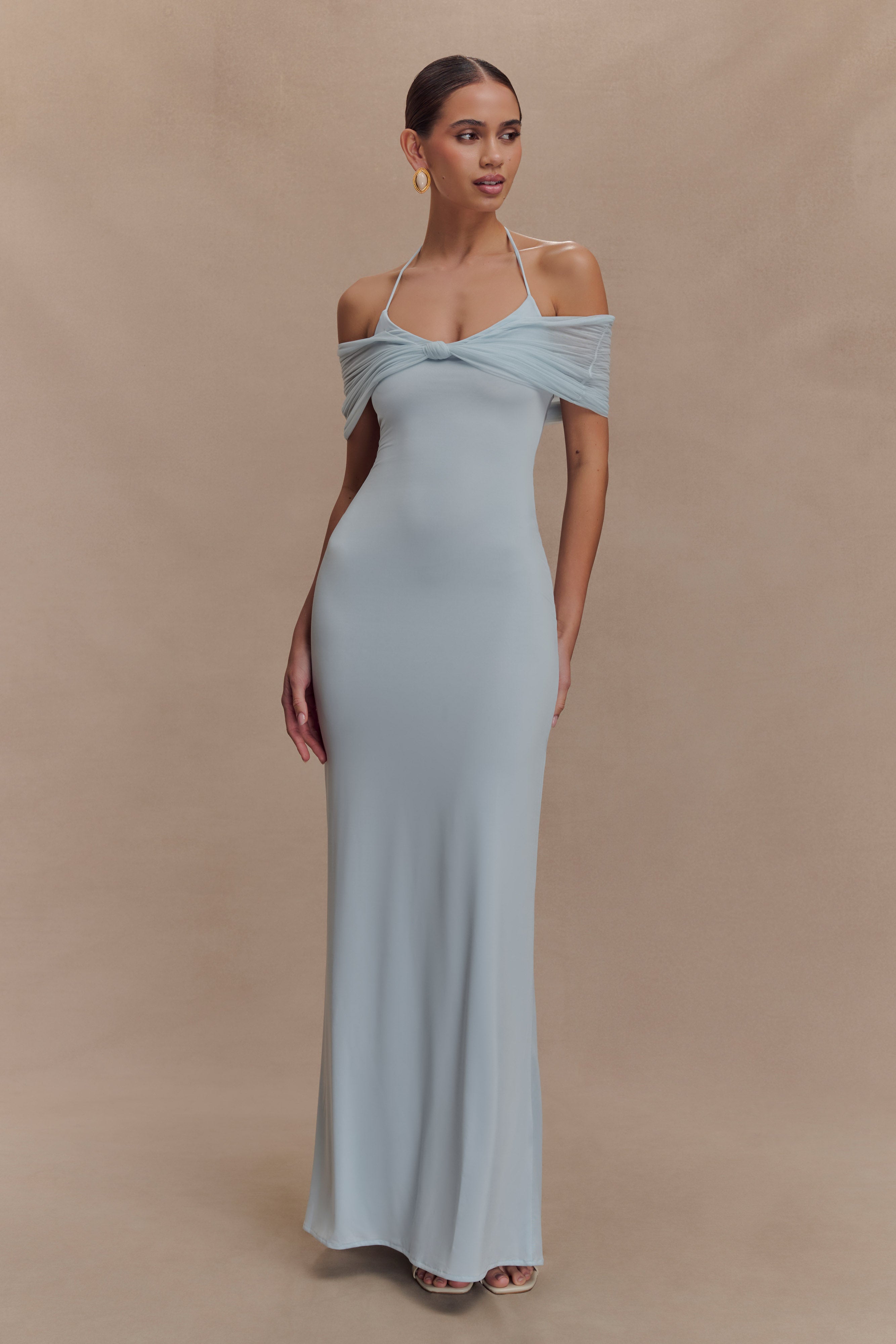Bernadina Mesh And Slinky Halter Maxi Dress - Pale Blue - Image 5