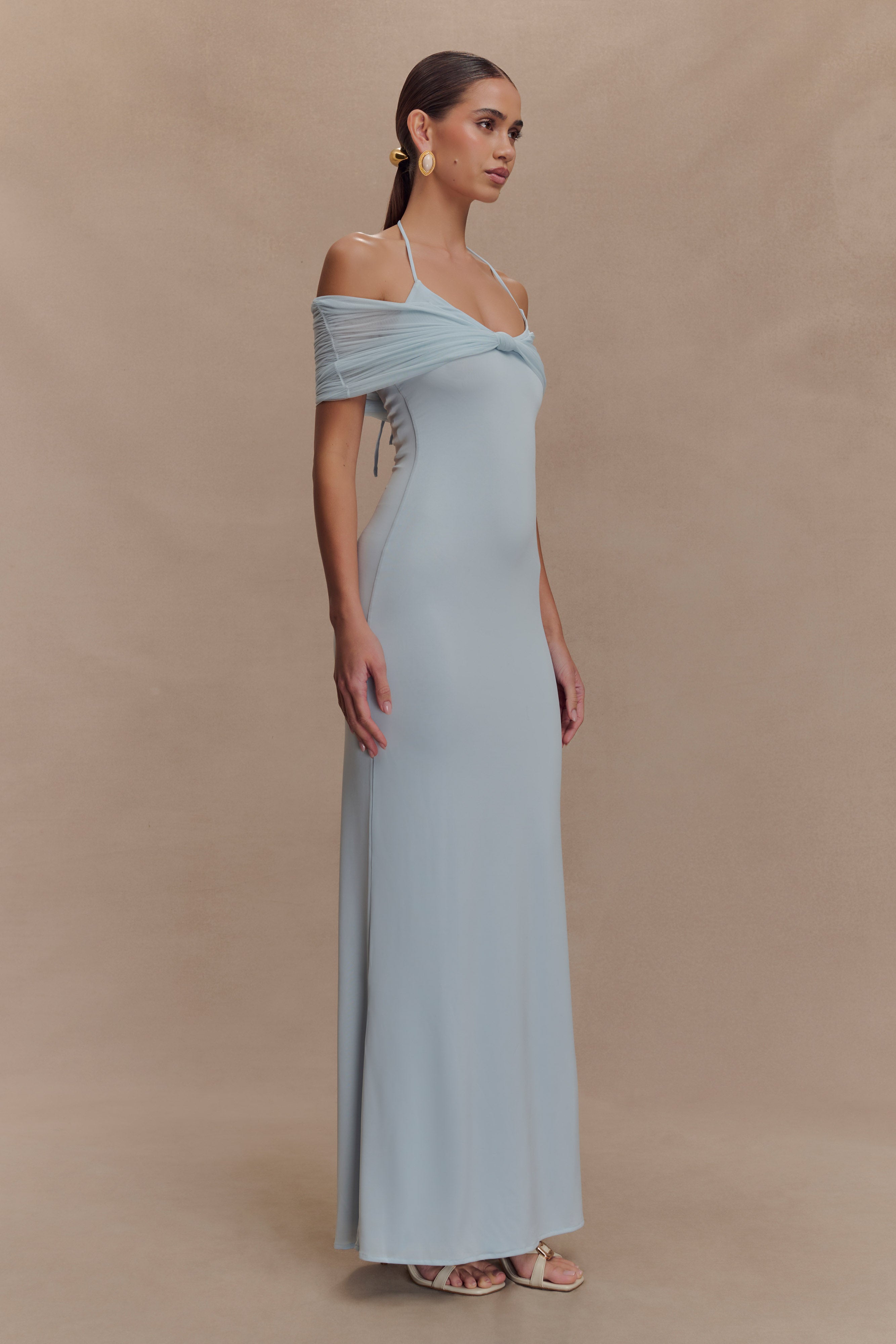 Bernadina Mesh And Slinky Halter Maxi Dress - Pale Blue - Image 4