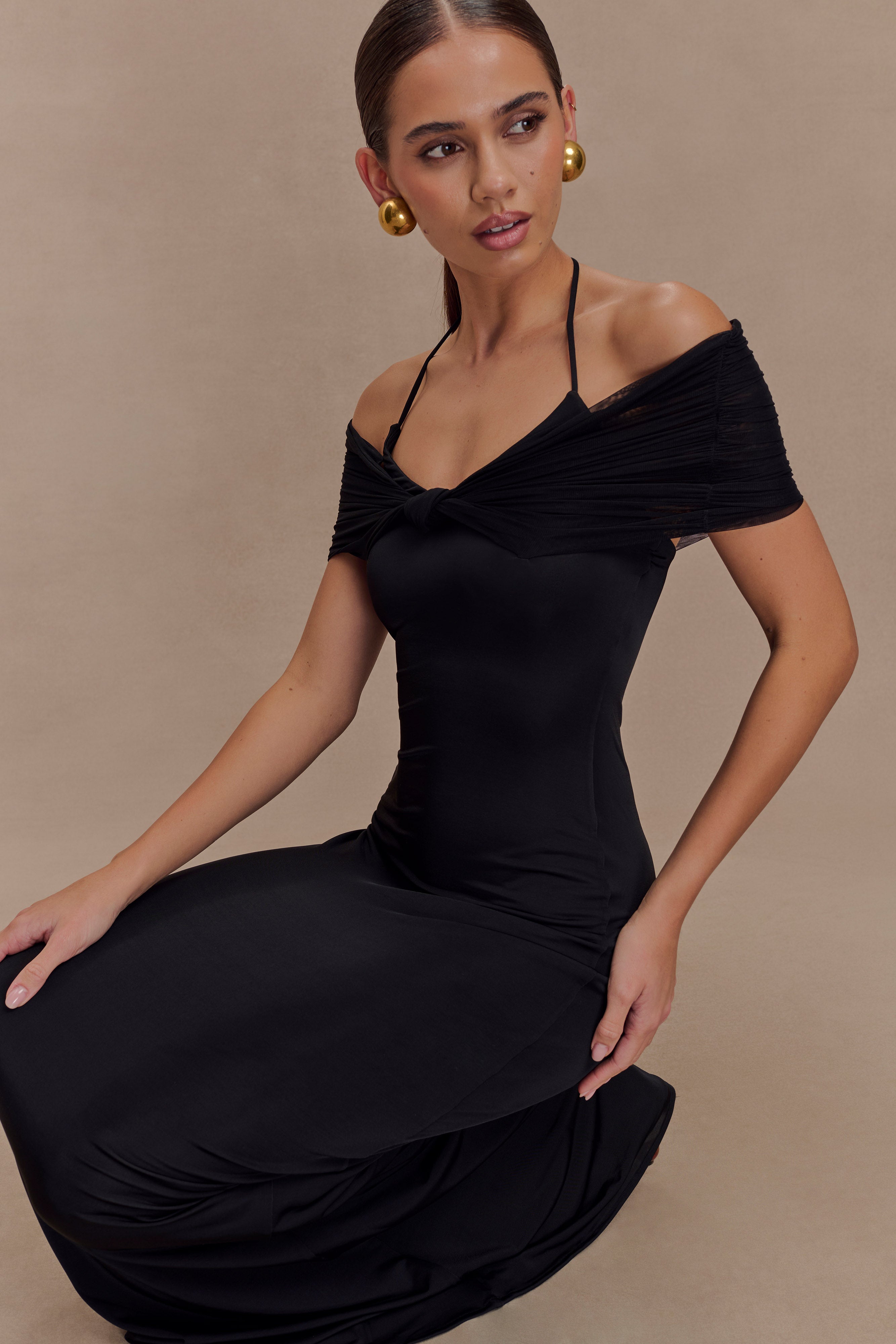 Bernadina Mesh And Slinky Halter Maxi Dress - Black - Image 3