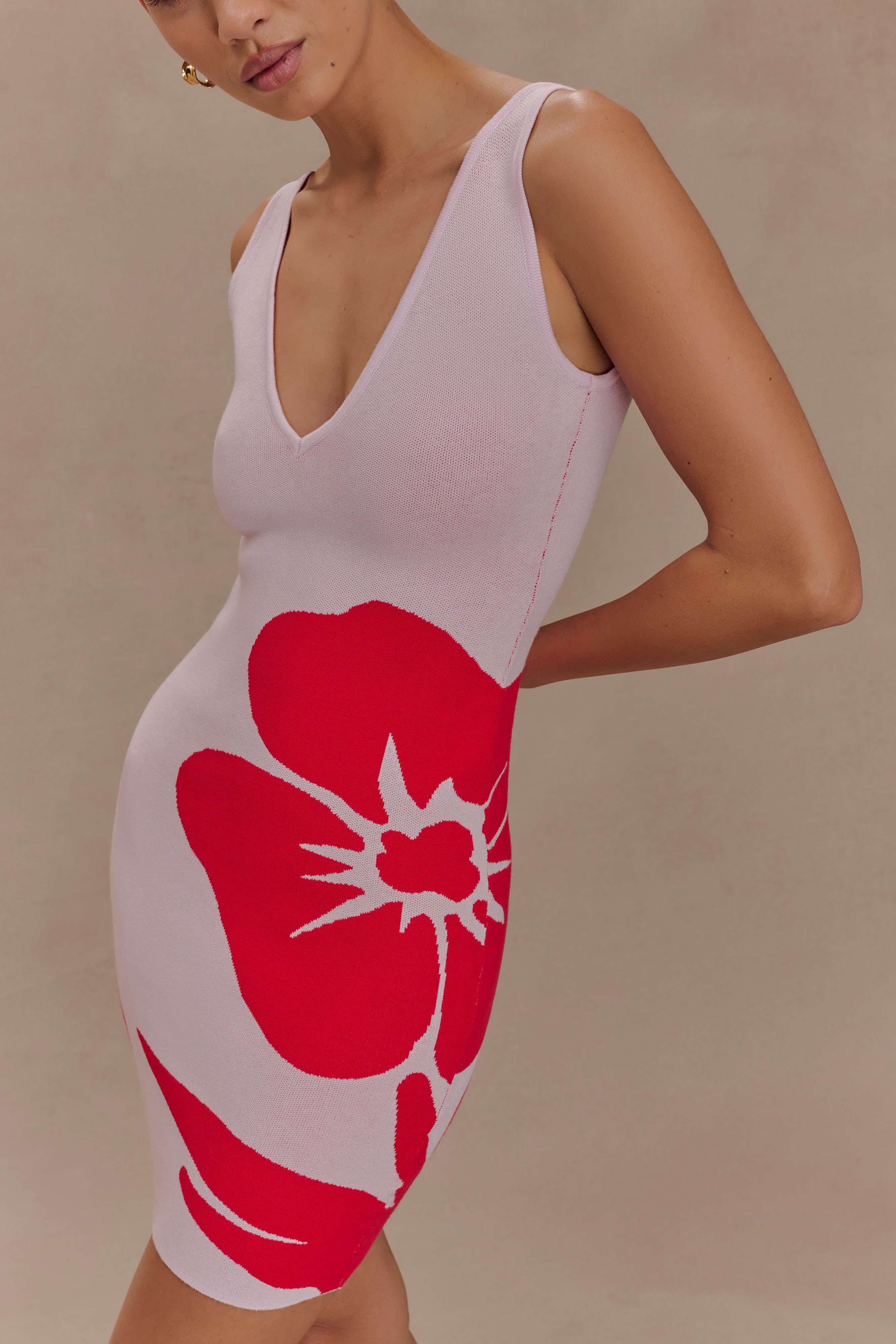 Dorothy Knit Print Mini Dress - Red Deco Fleur Print - Image 3