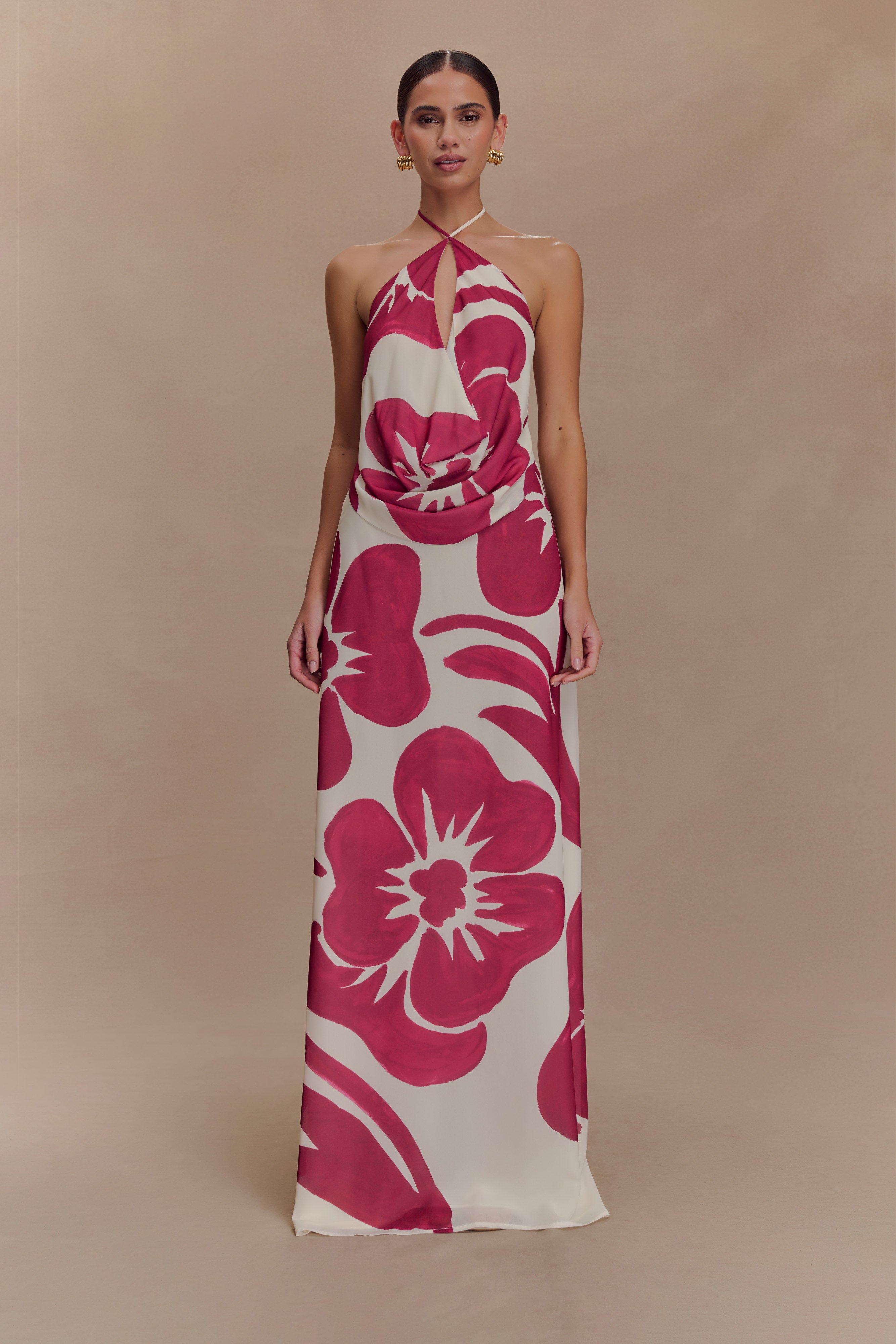 Katalina Chiffon Cowl Halter Top - Red Deco Fleur Print - Image 6