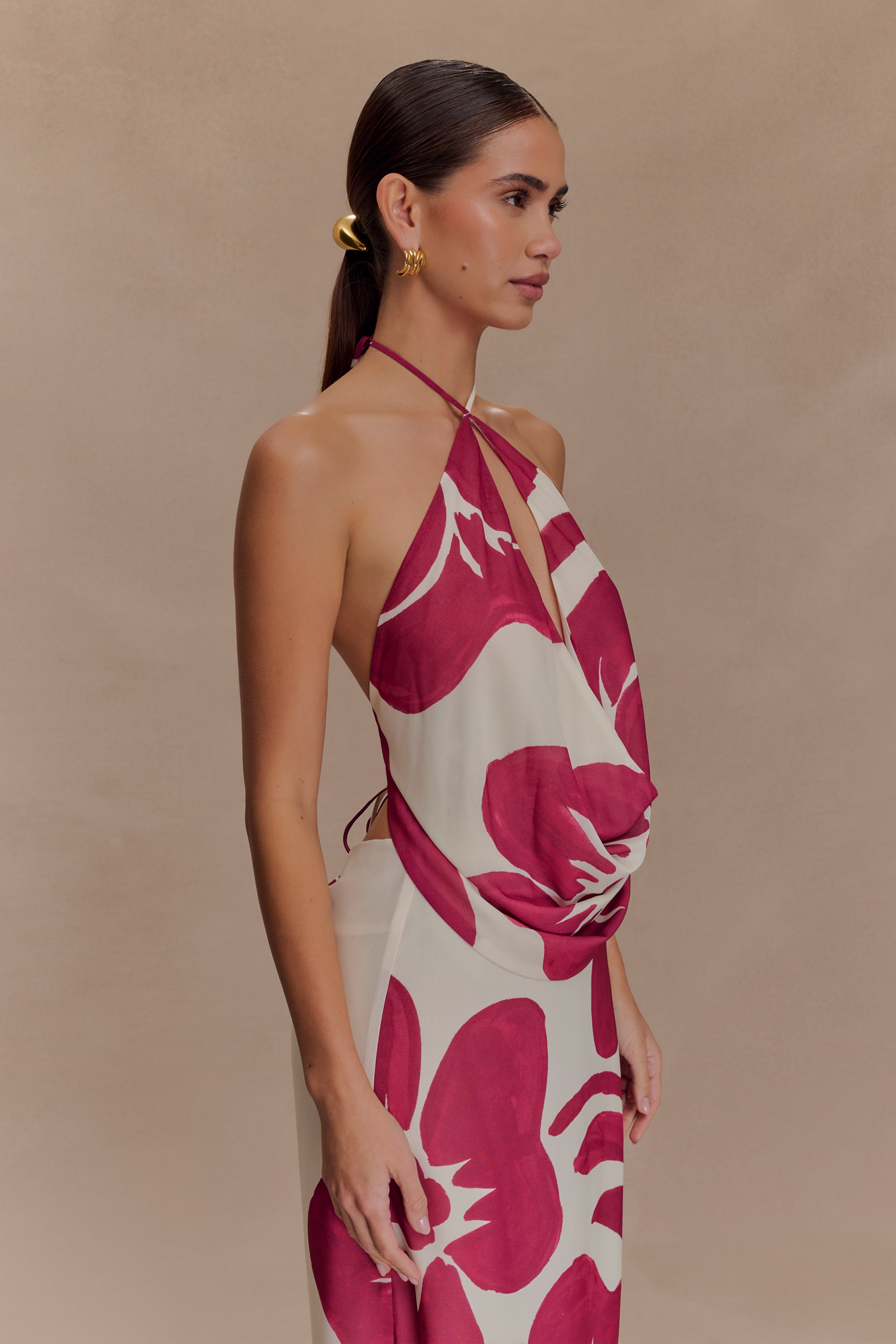 Katalina Chiffon Cowl Halter Top - Red Deco Fleur Print - Image 7