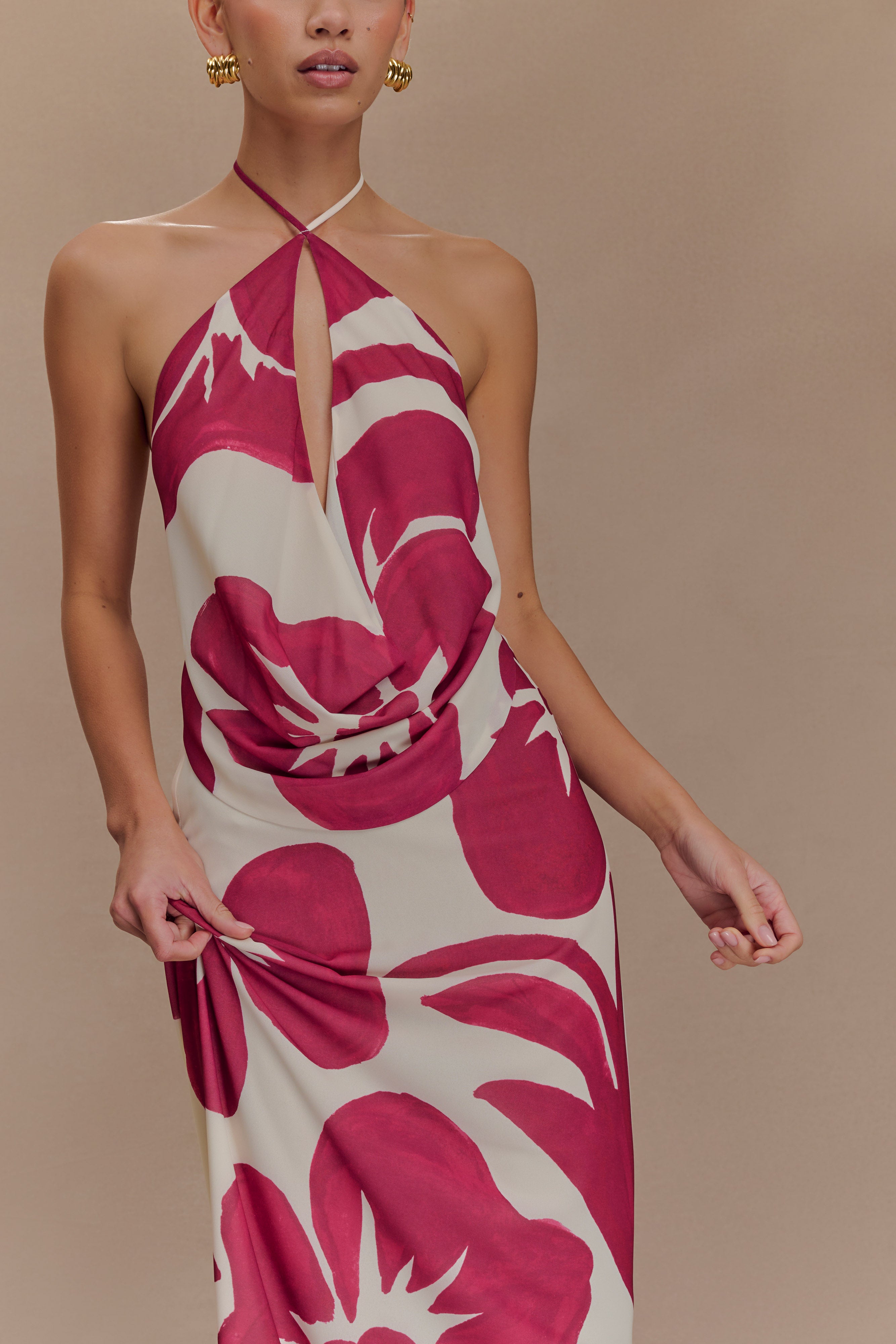 Katalina Chiffon Cowl Halter Top - Red Deco Fleur Print - Image 5