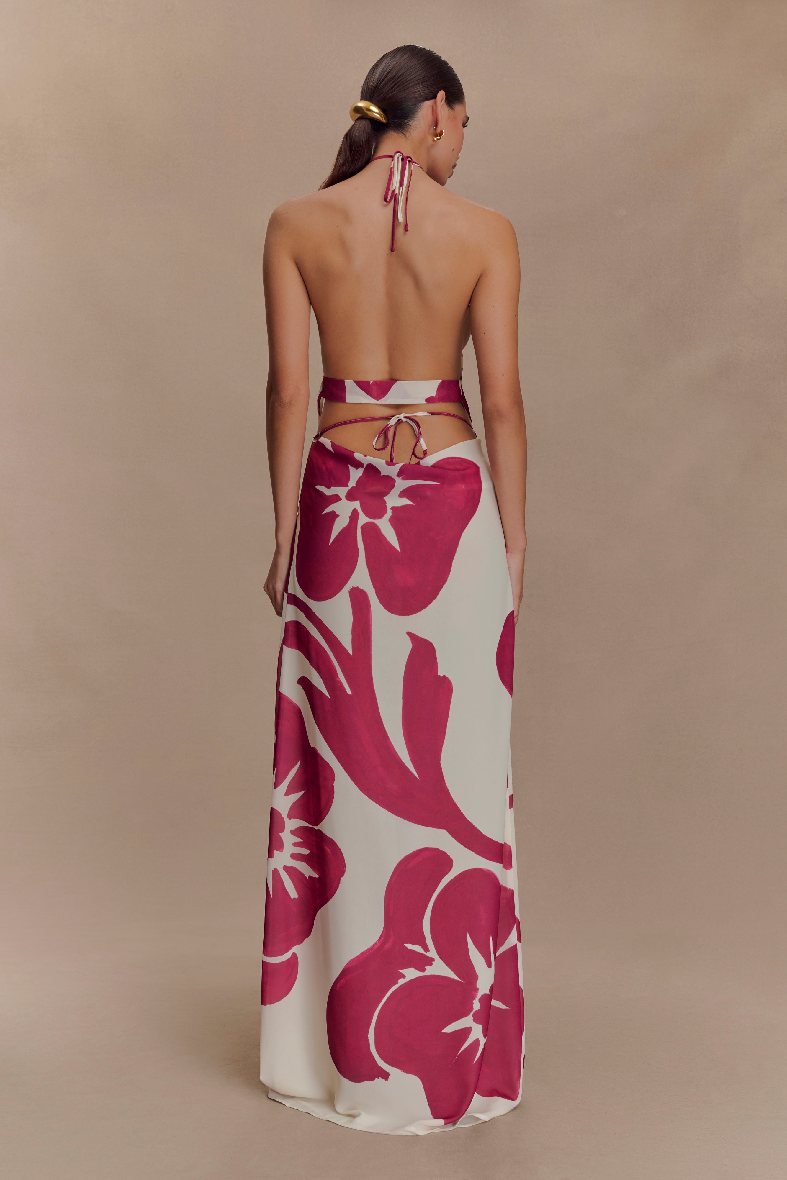 Katalina Chiffon Cowl Halter Top - Red Deco Fleur Print - Image 3
