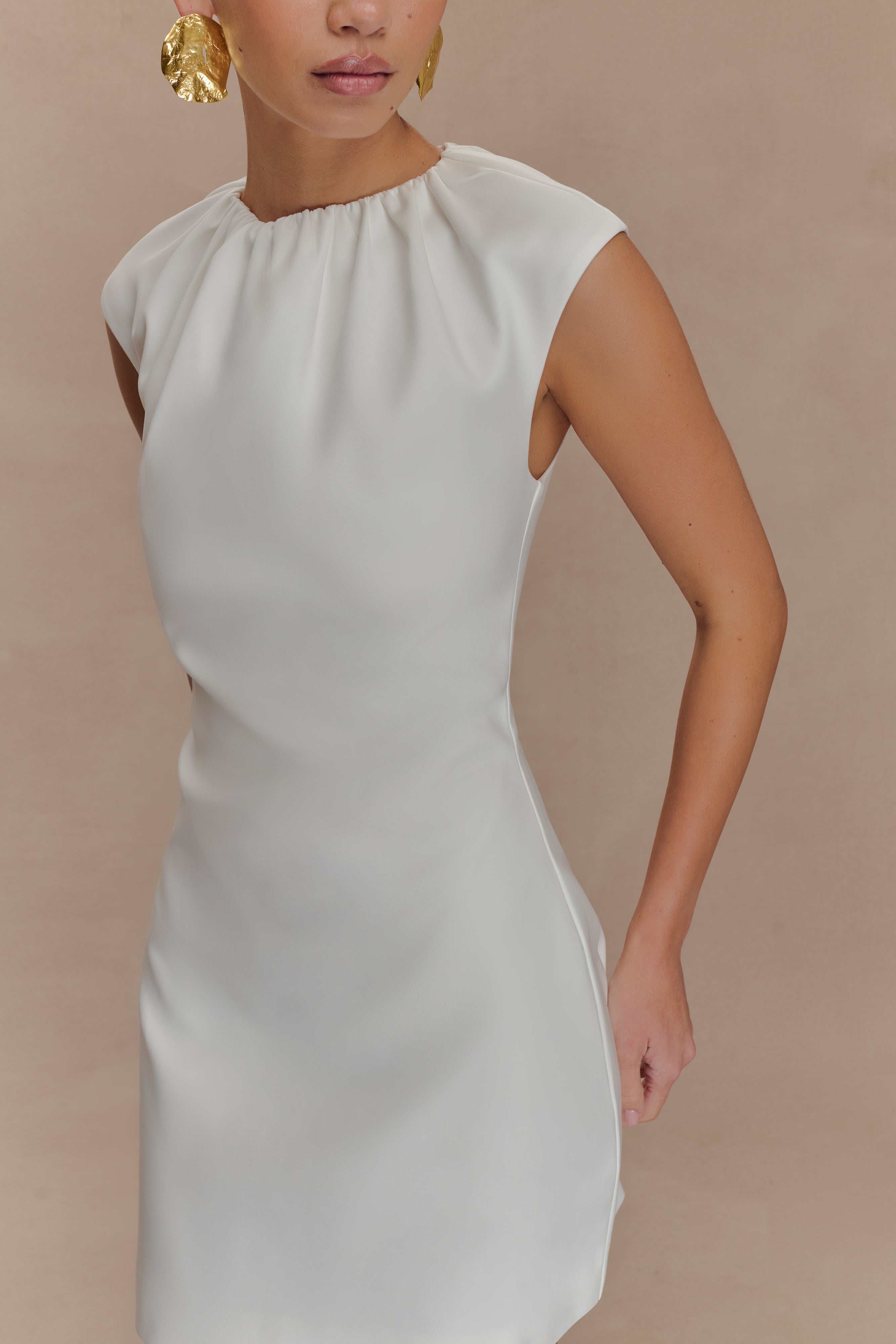 Ariana Pleated Neck Mini Dress - Ivory - Image 4