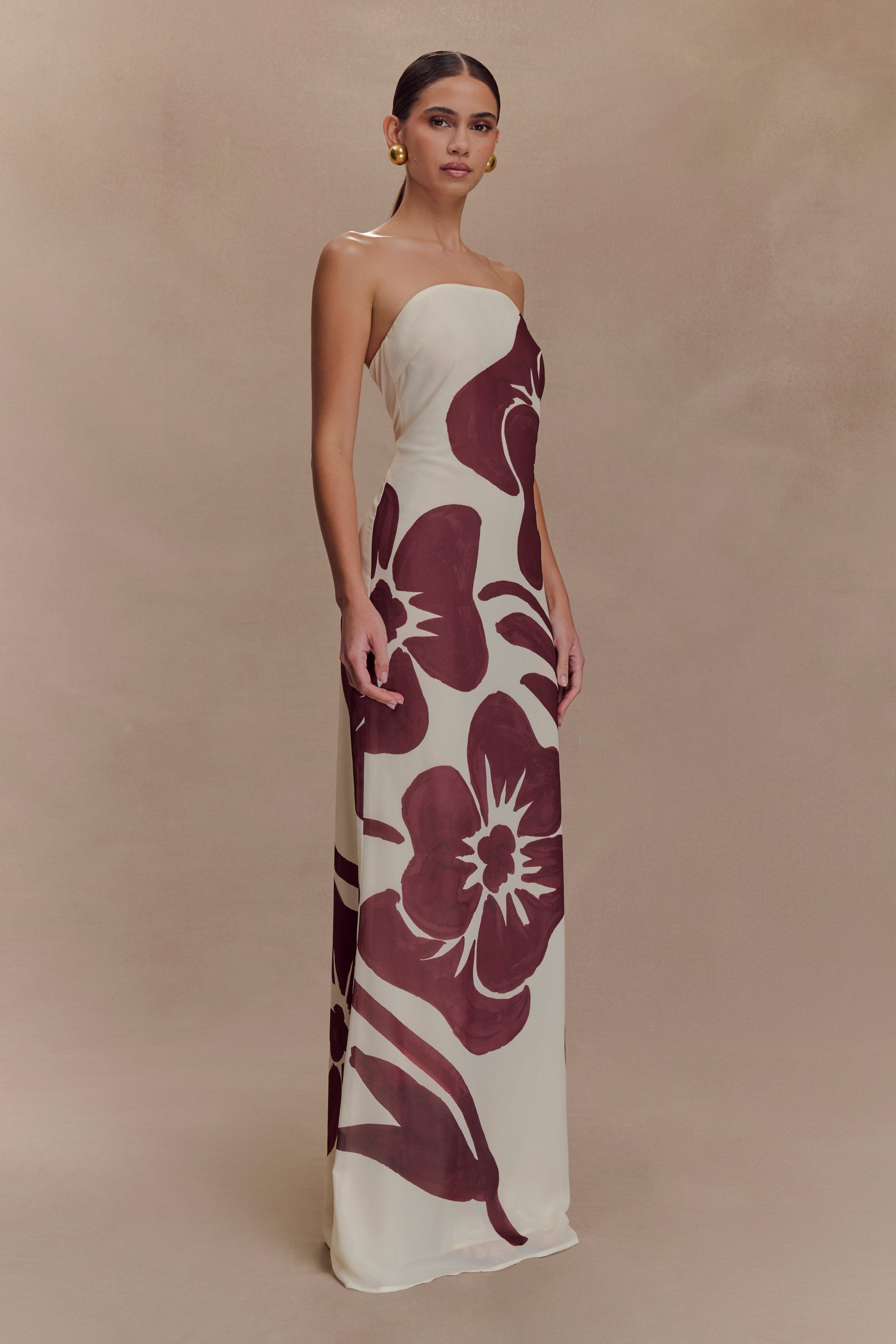 Amaya Strapless Chiffon Maxi Dress - Brown Deco Fleur Print - Image 4