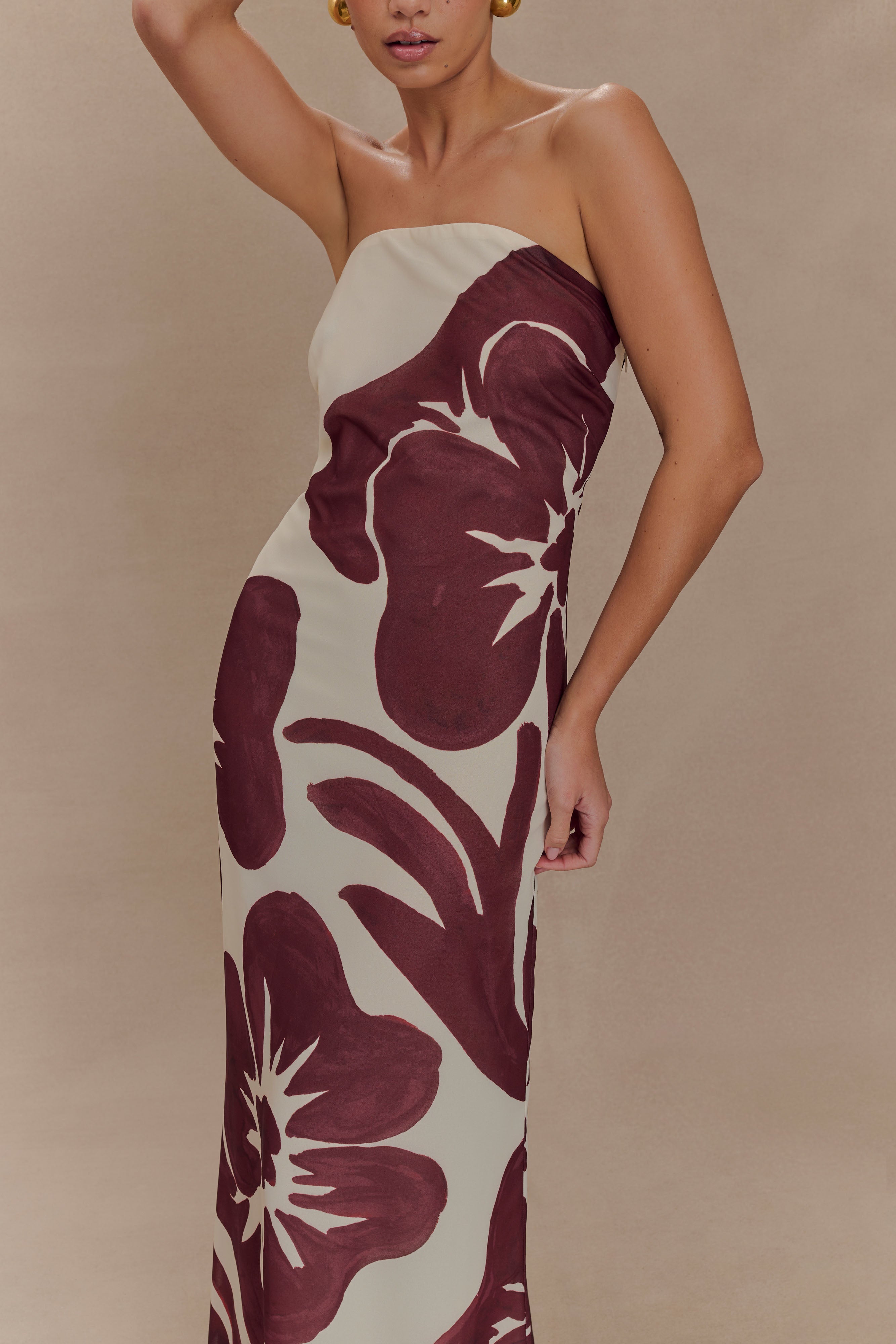 Amaya Strapless Chiffon Maxi Dress - Brown Deco Fleur Print - Image 3