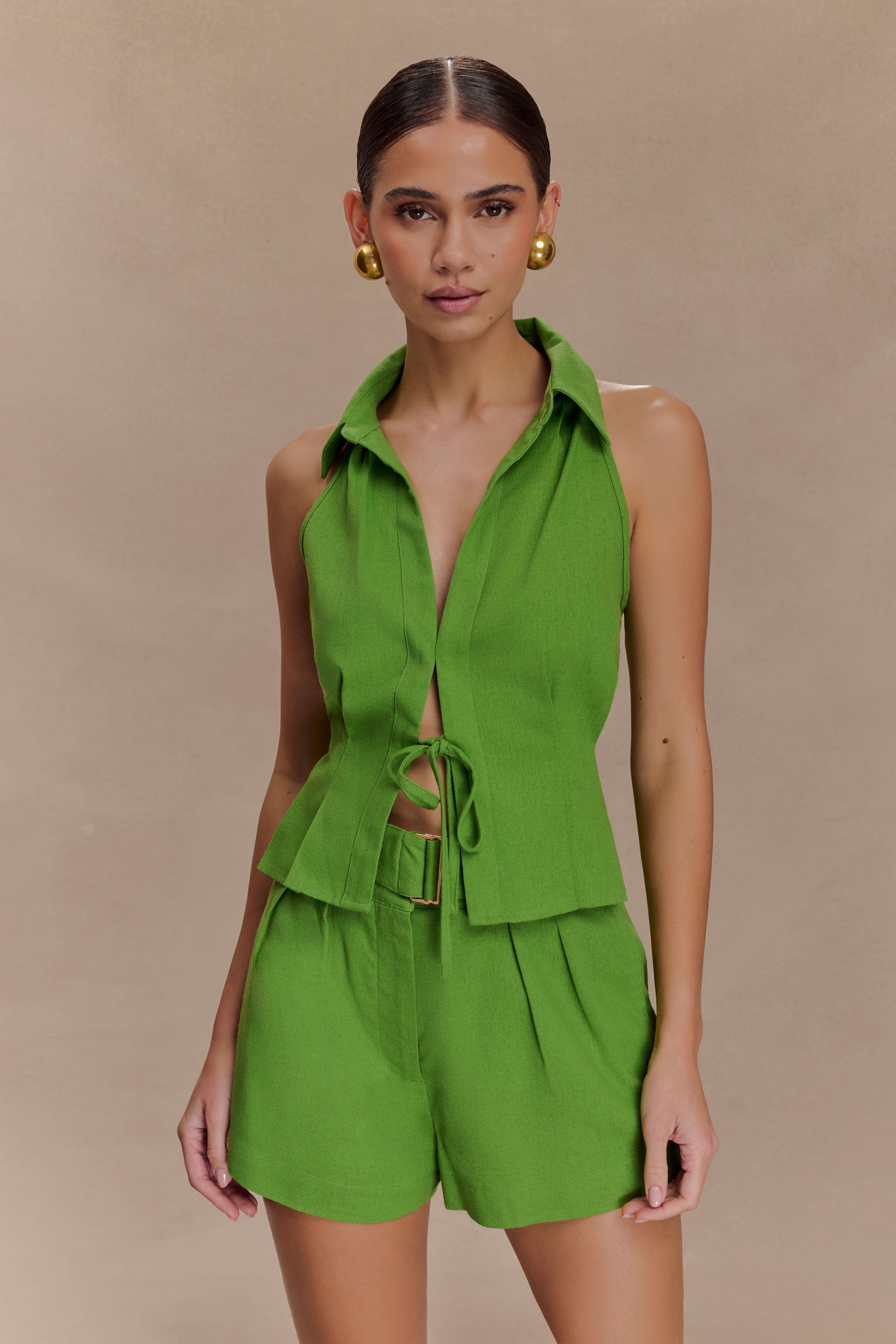 Scout Linen Belted Shorts - Green - Image 3