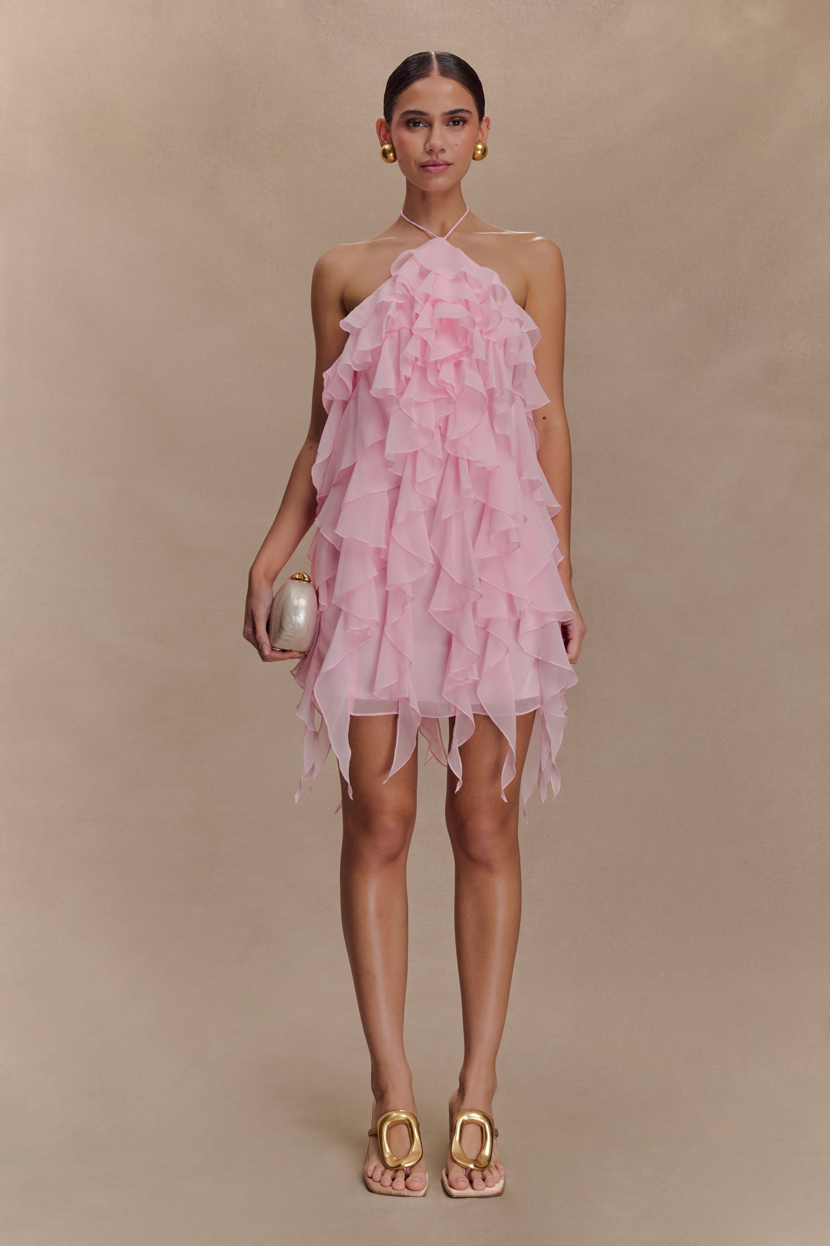 Marigold Ruffle Halter Mini Dress - Powder Pink - Image 6