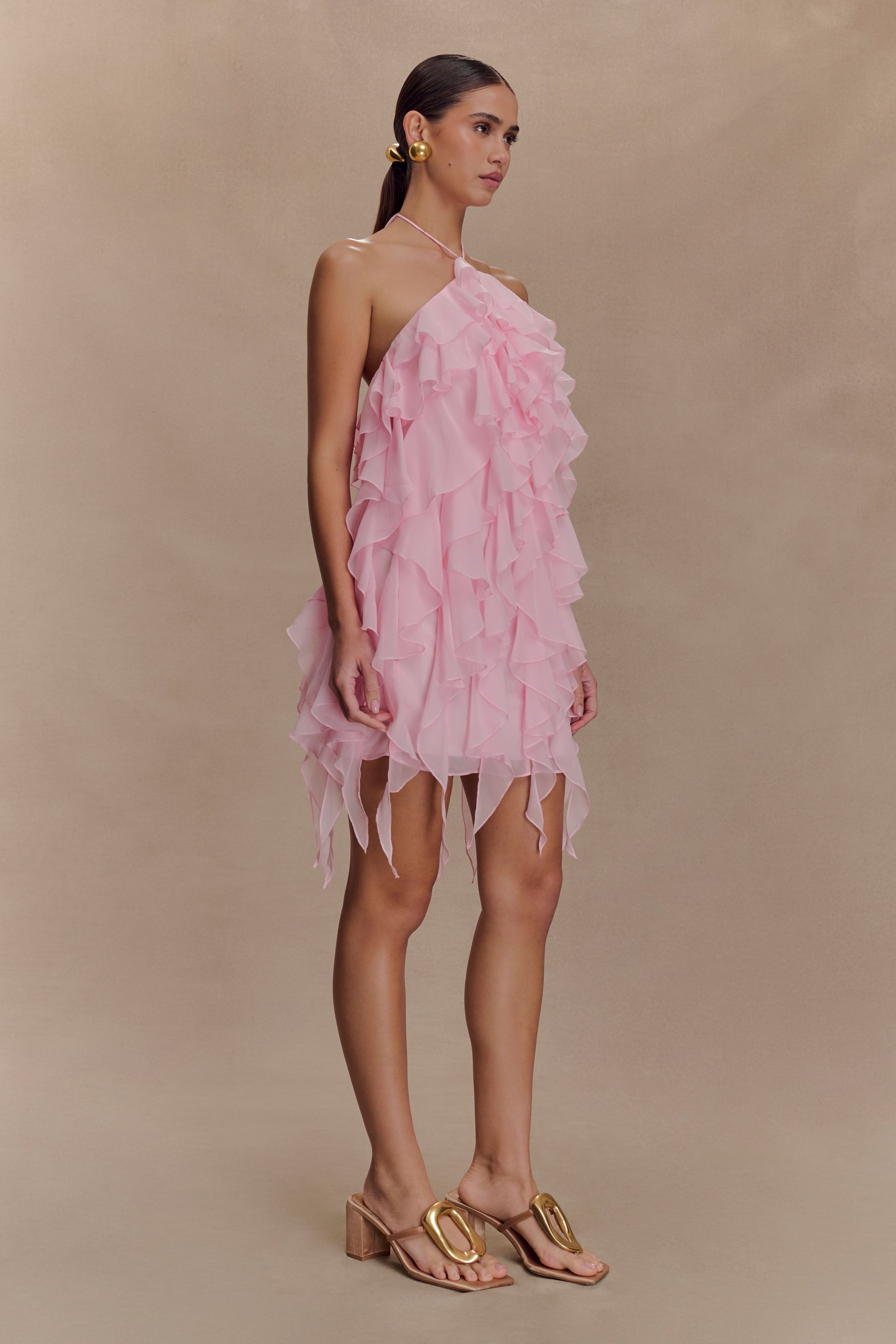Marigold Ruffle Halter Mini Dress - Powder Pink - Image 4