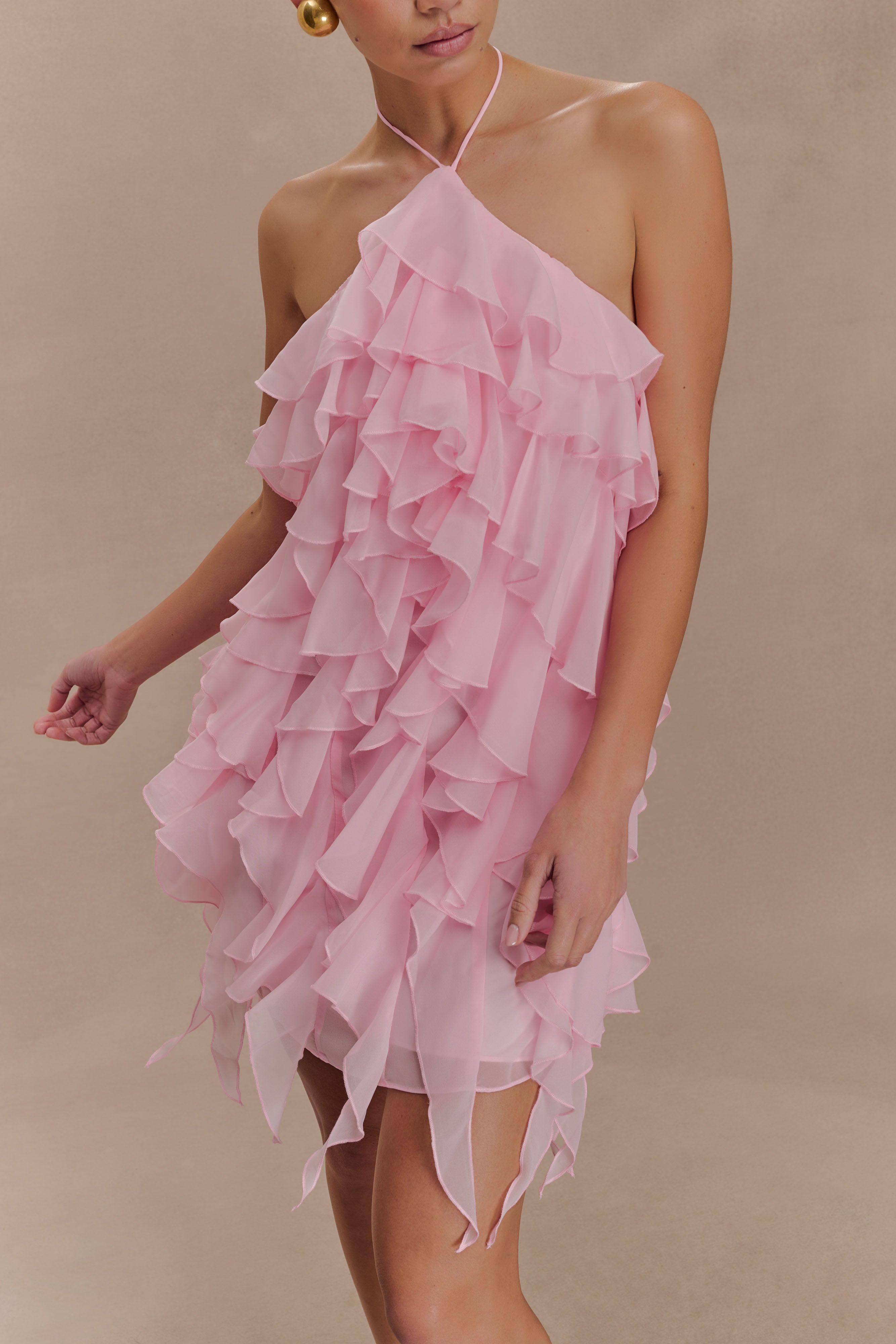 Marigold Ruffle Halter Mini Dress - Powder Pink - Image 3