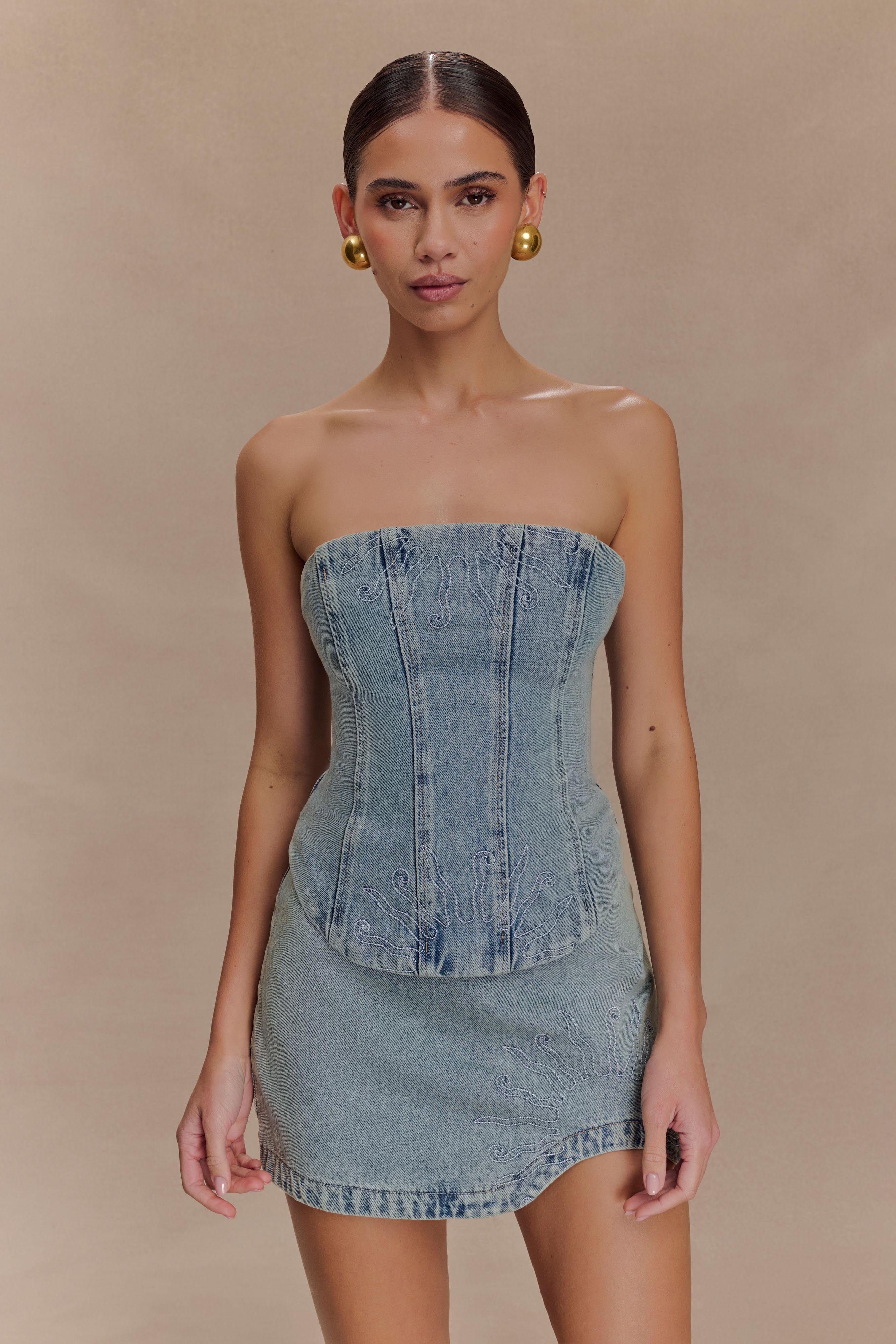 Alessia Embroidered Denim Mini Skirt - Light Vintage - Image 3