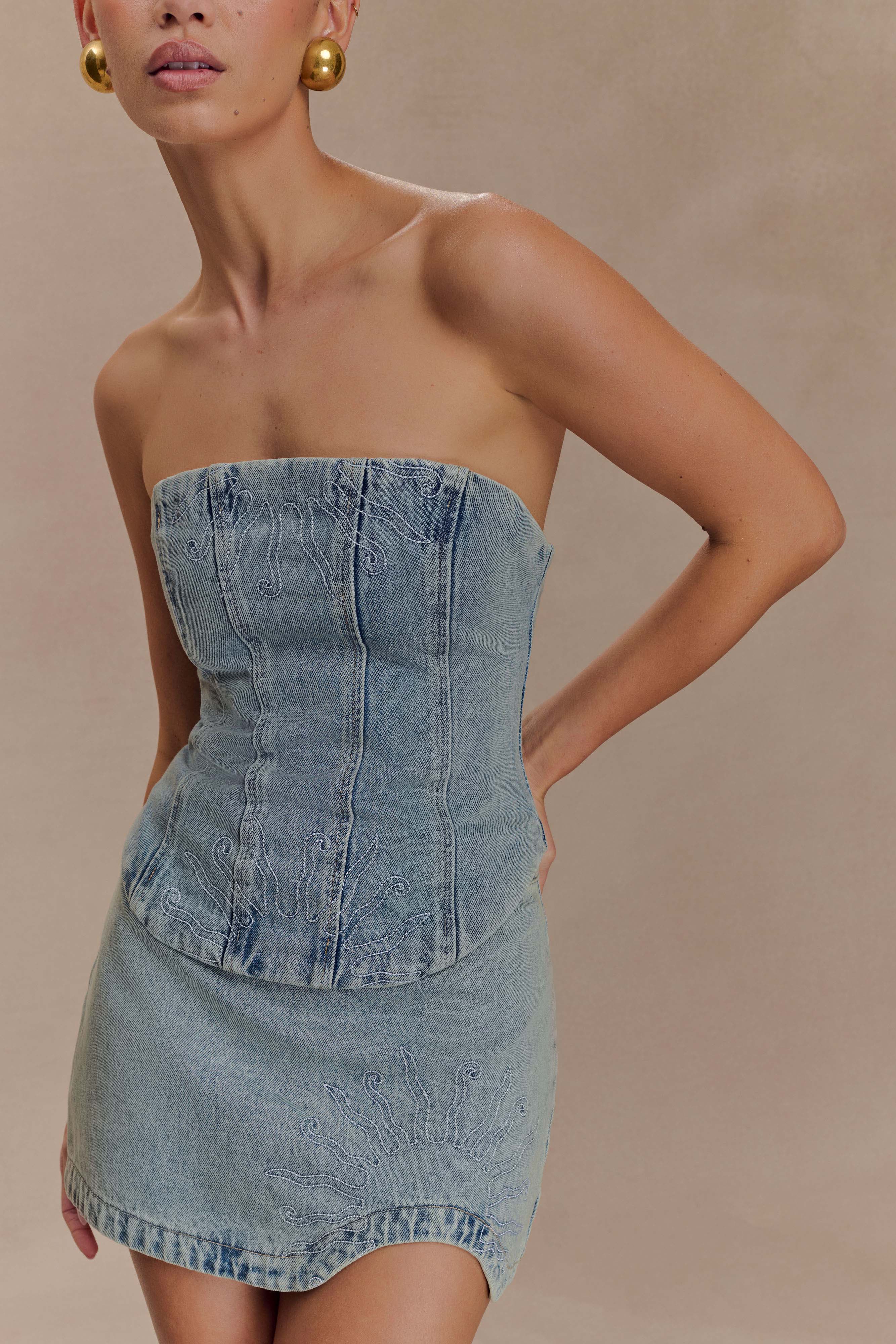 Alessia Embroidered Denim Corset - Light Vintage - Image 3