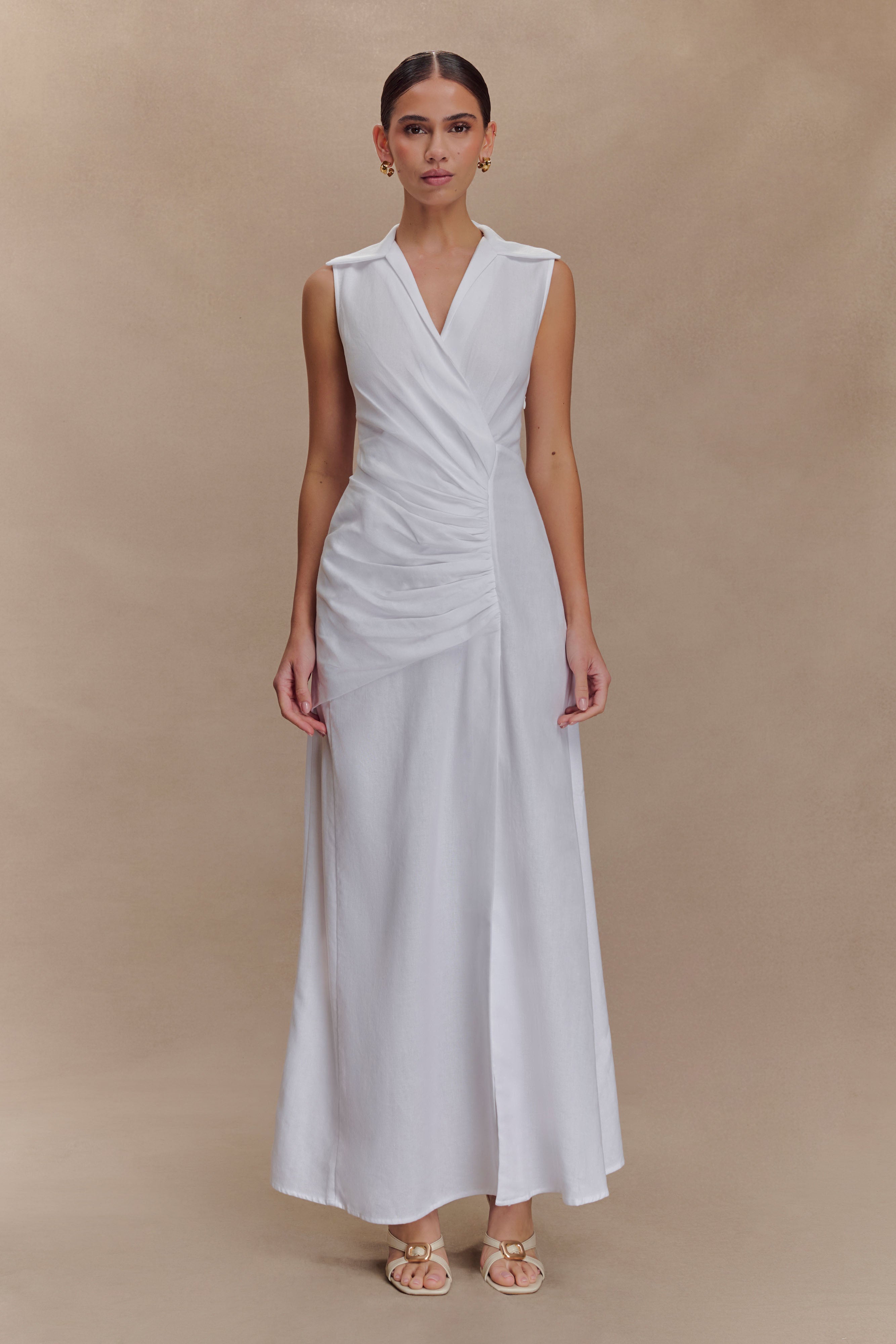 Dante Ruched Linen Midi Dress - White - Image 7