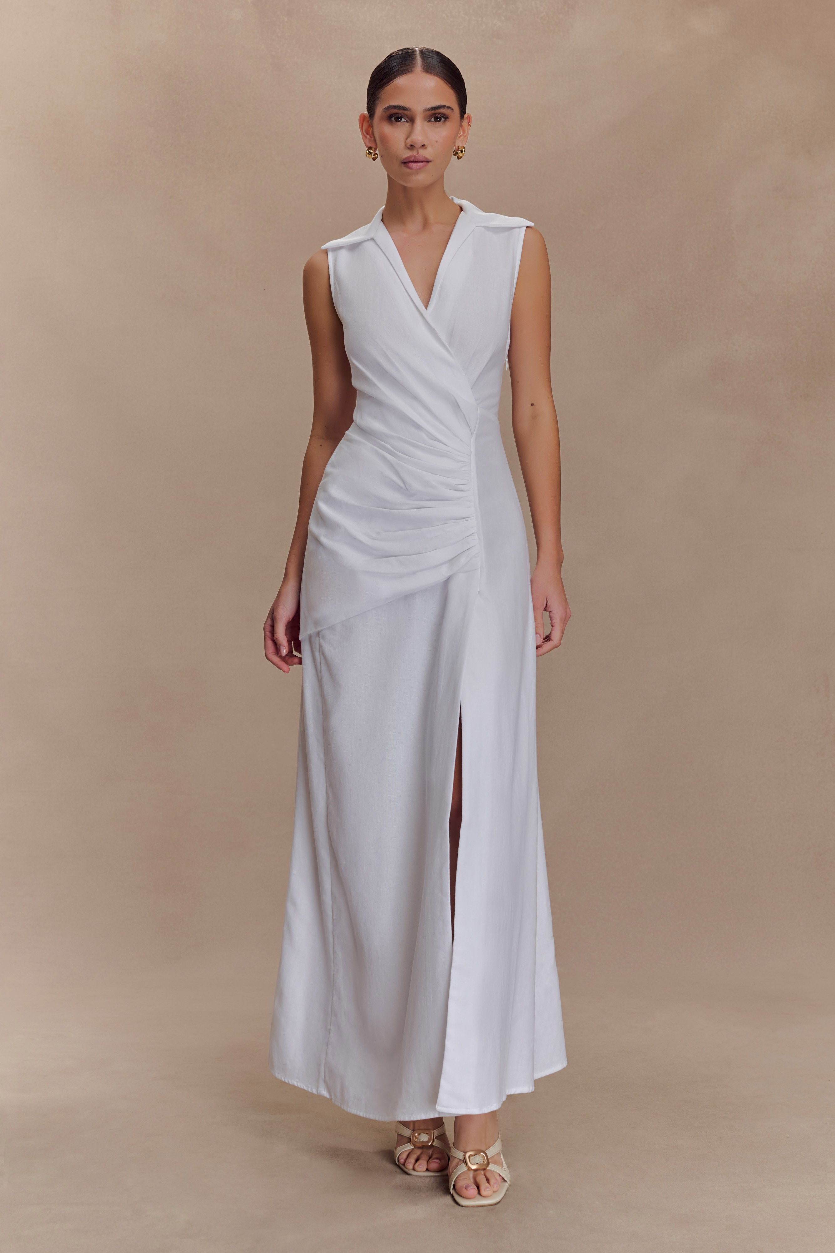 Dante Ruched Linen Midi Dress - White - Image 5