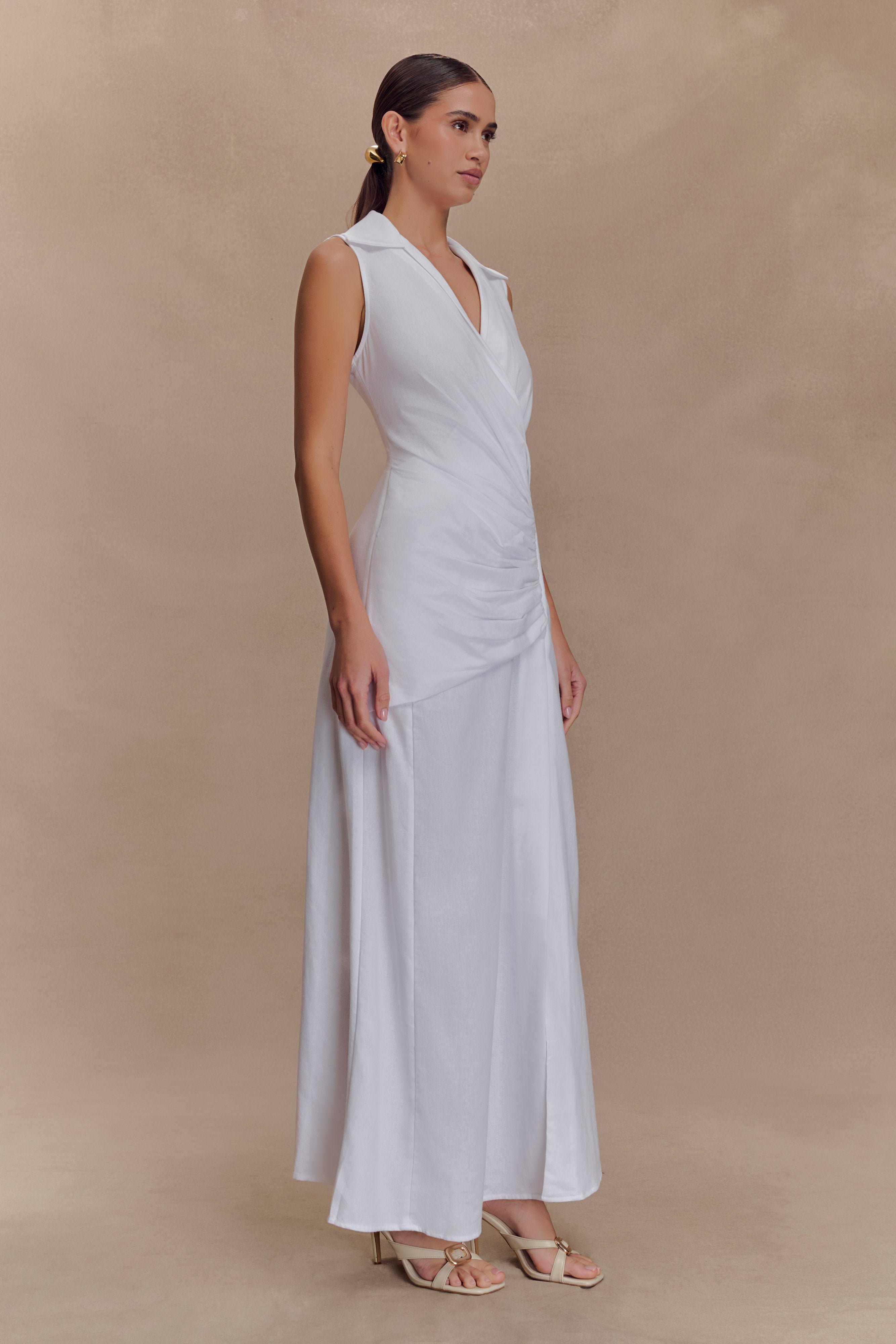 Dante Ruched Linen Midi Dress - White - Image 6
