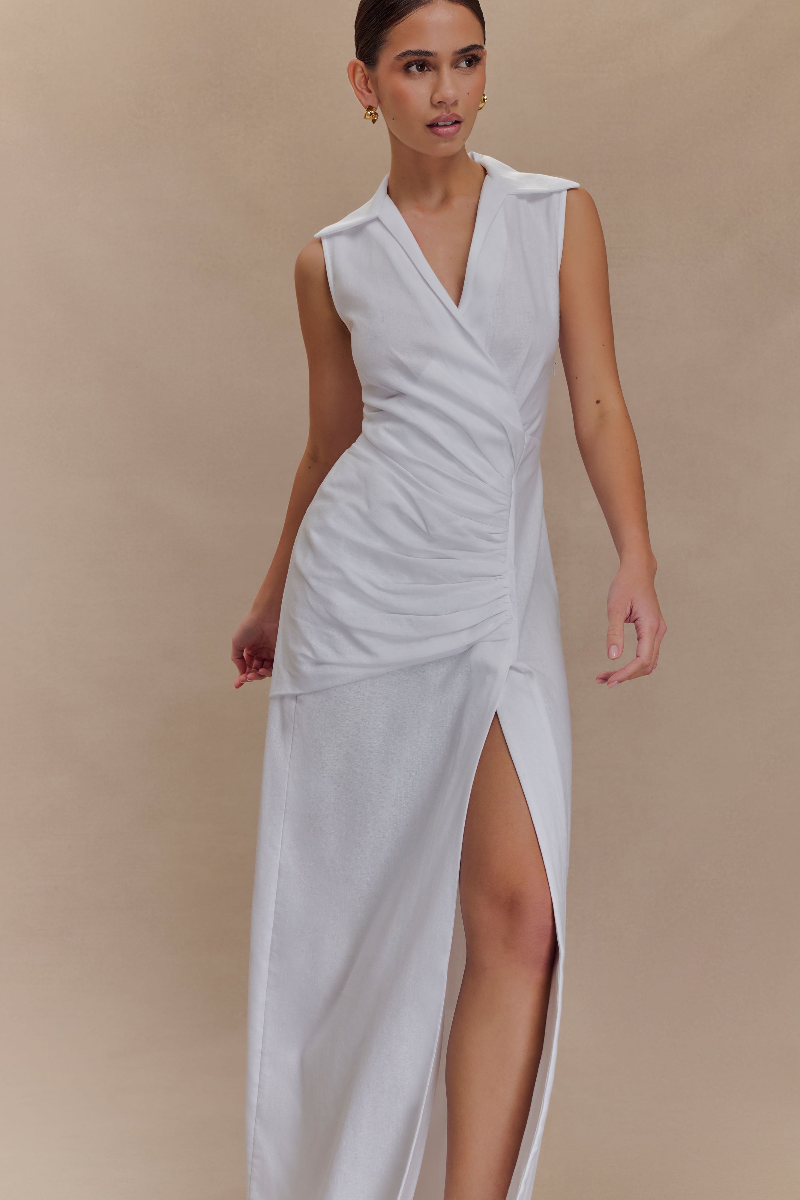 Dante Ruched Linen Midi Dress - White - Image 4