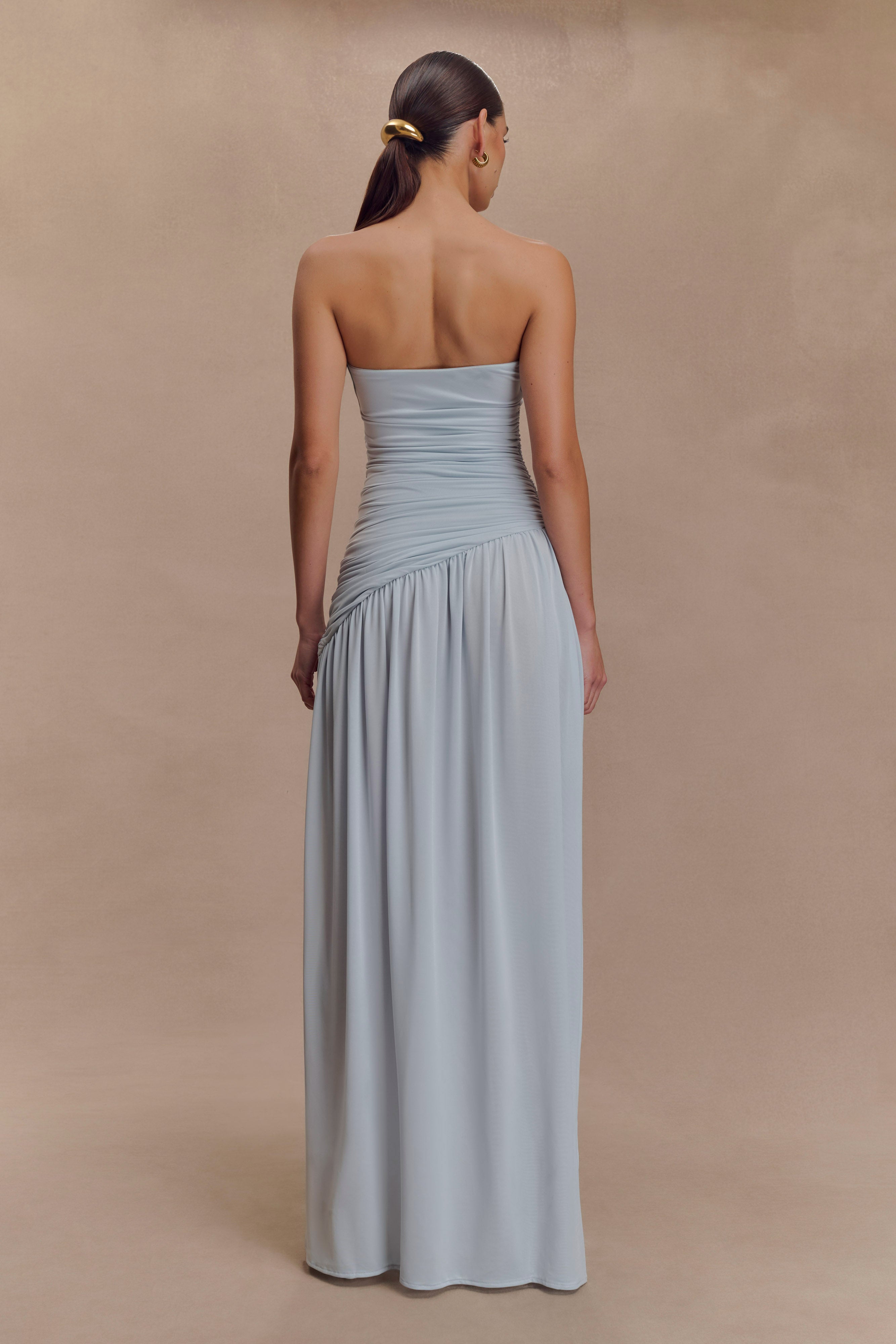 Bex Strapless Slinky Maxi Dress With Split - Pale Blue - Image 3