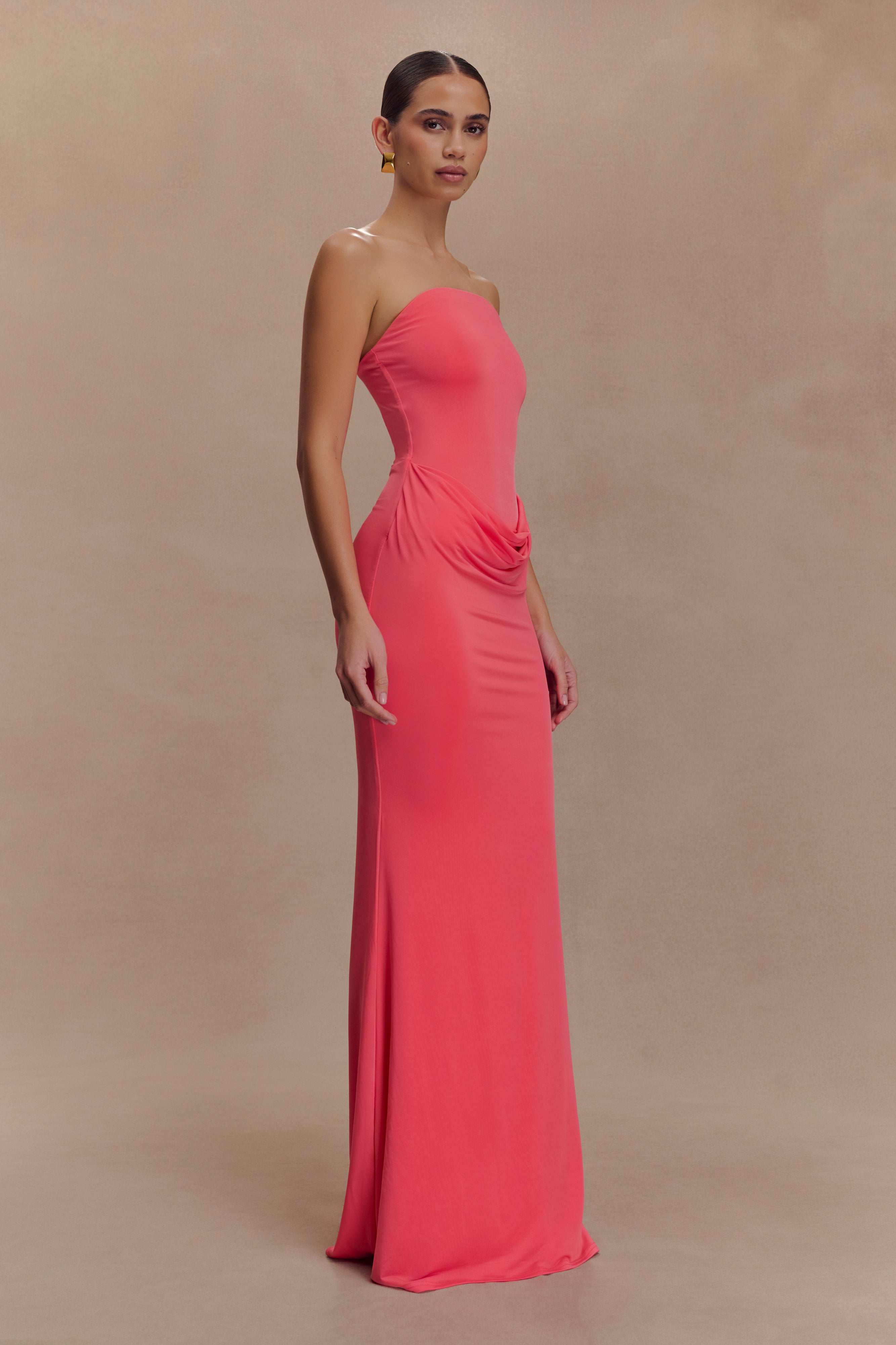 Madison Strapless Slinky Maxi Dress - Coral - Image 4