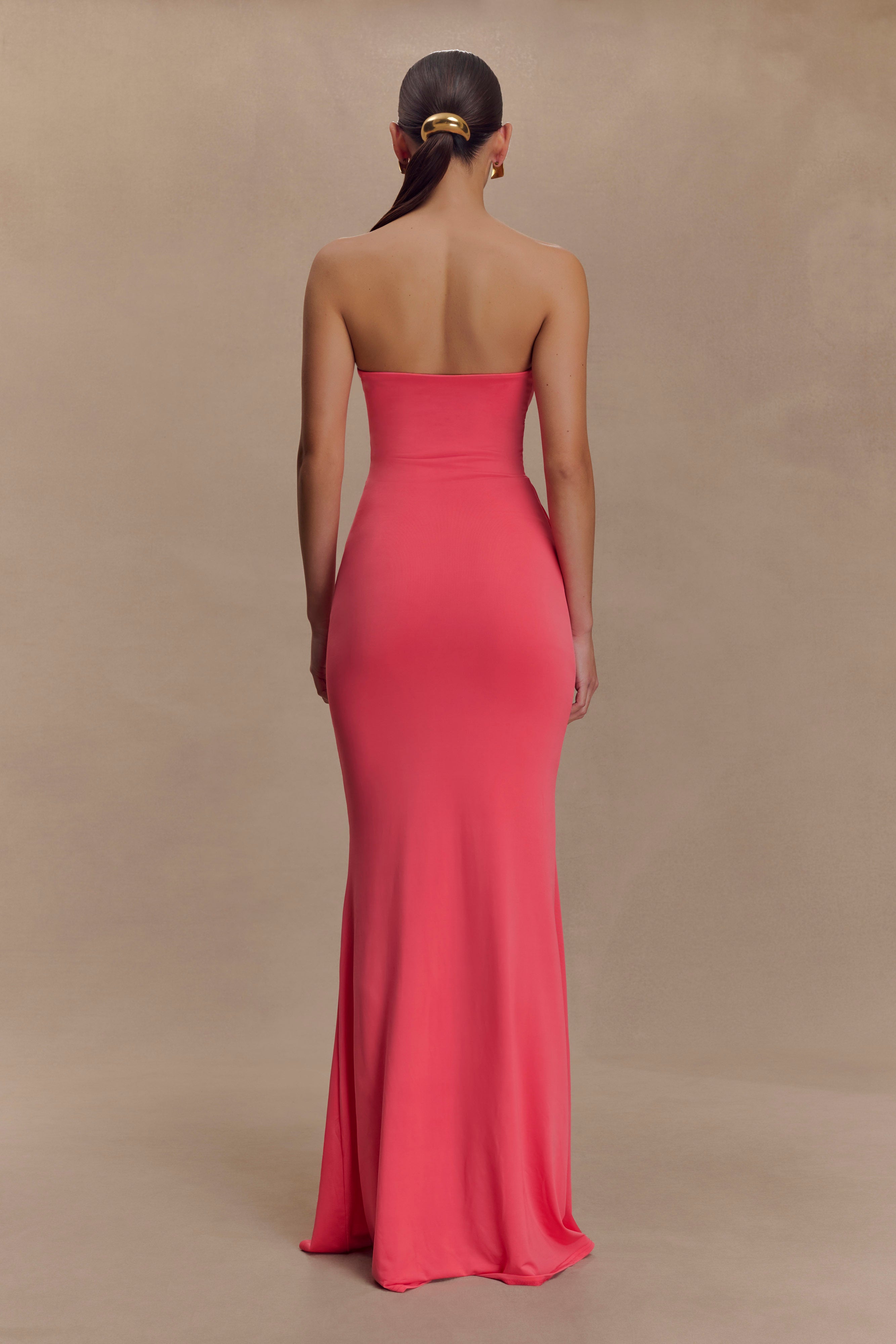 Madison Strapless Slinky Maxi Dress - Coral - Image 2