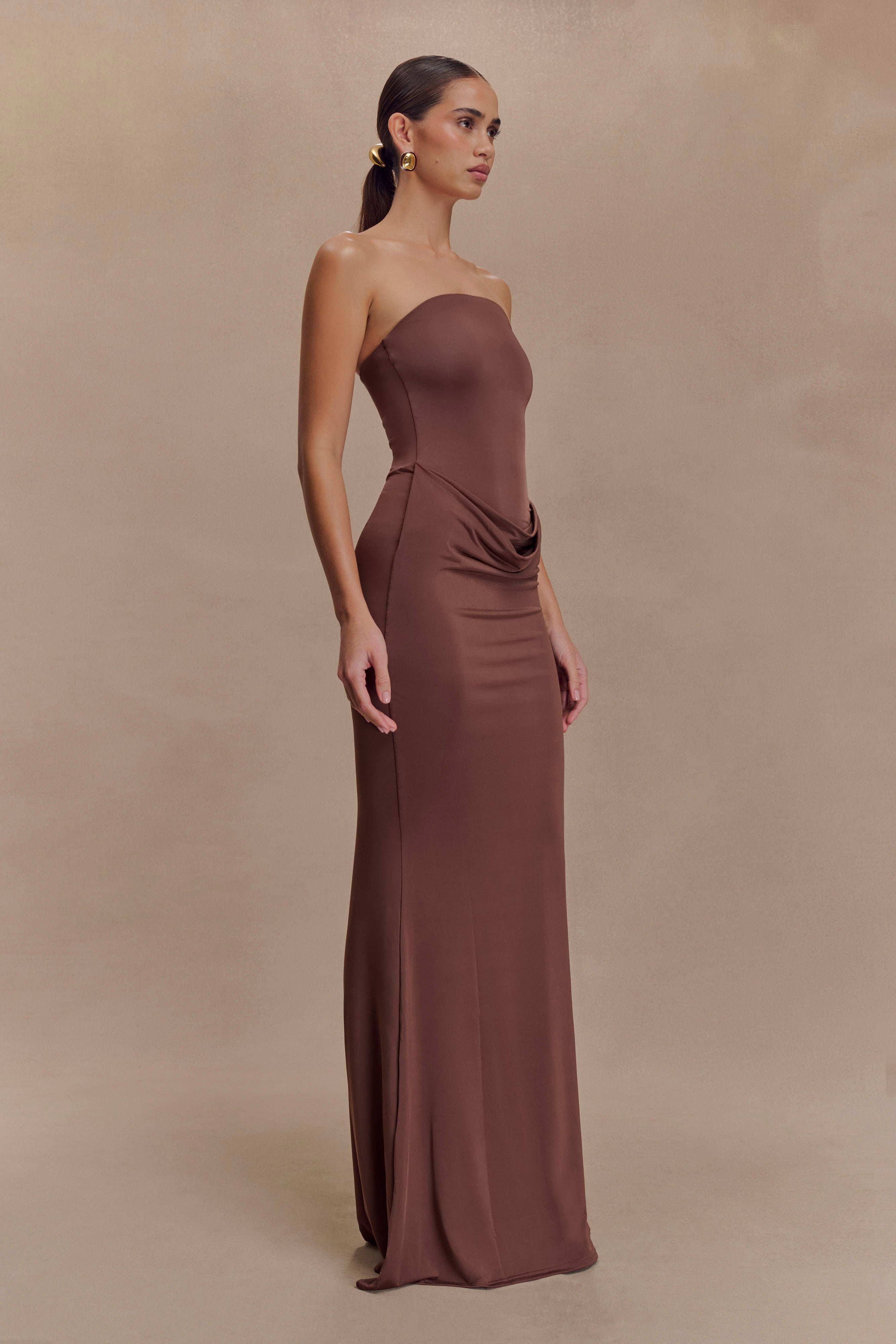 Madison Strapless Slinky Maxi Dress - Chocolate - Image 5