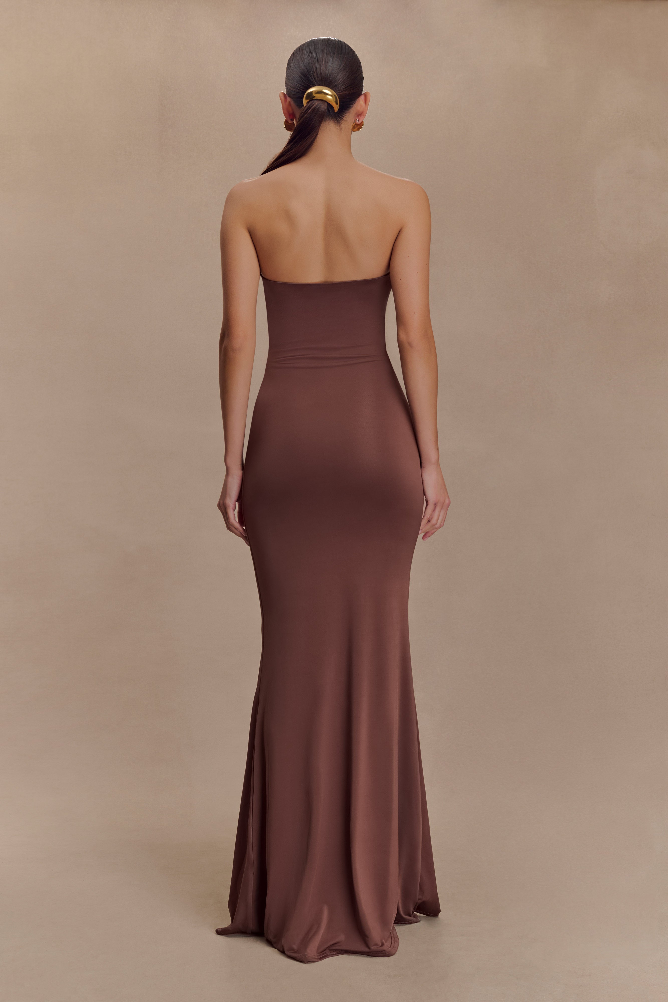 Madison Strapless Slinky Maxi Dress - Chocolate - Image 2