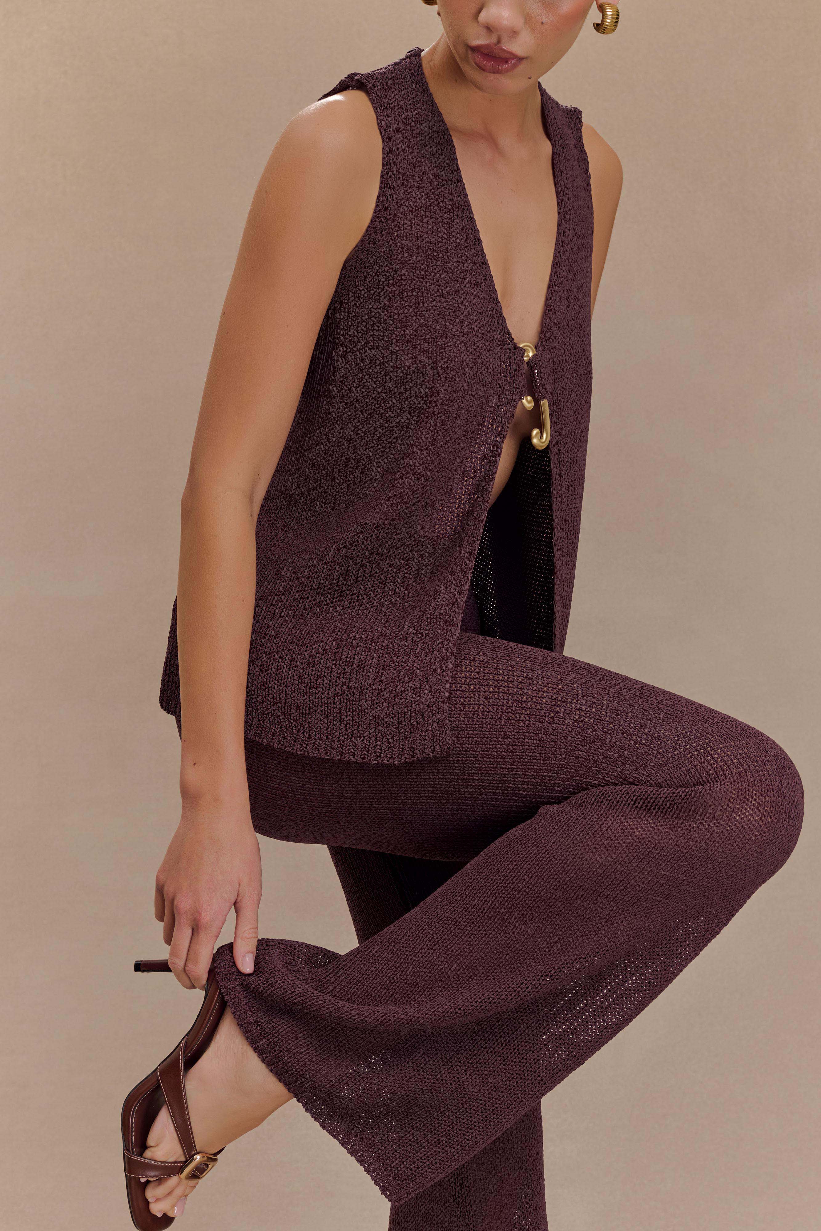 Malani Wide Leg Knit Pants - Chocolate - Image 3