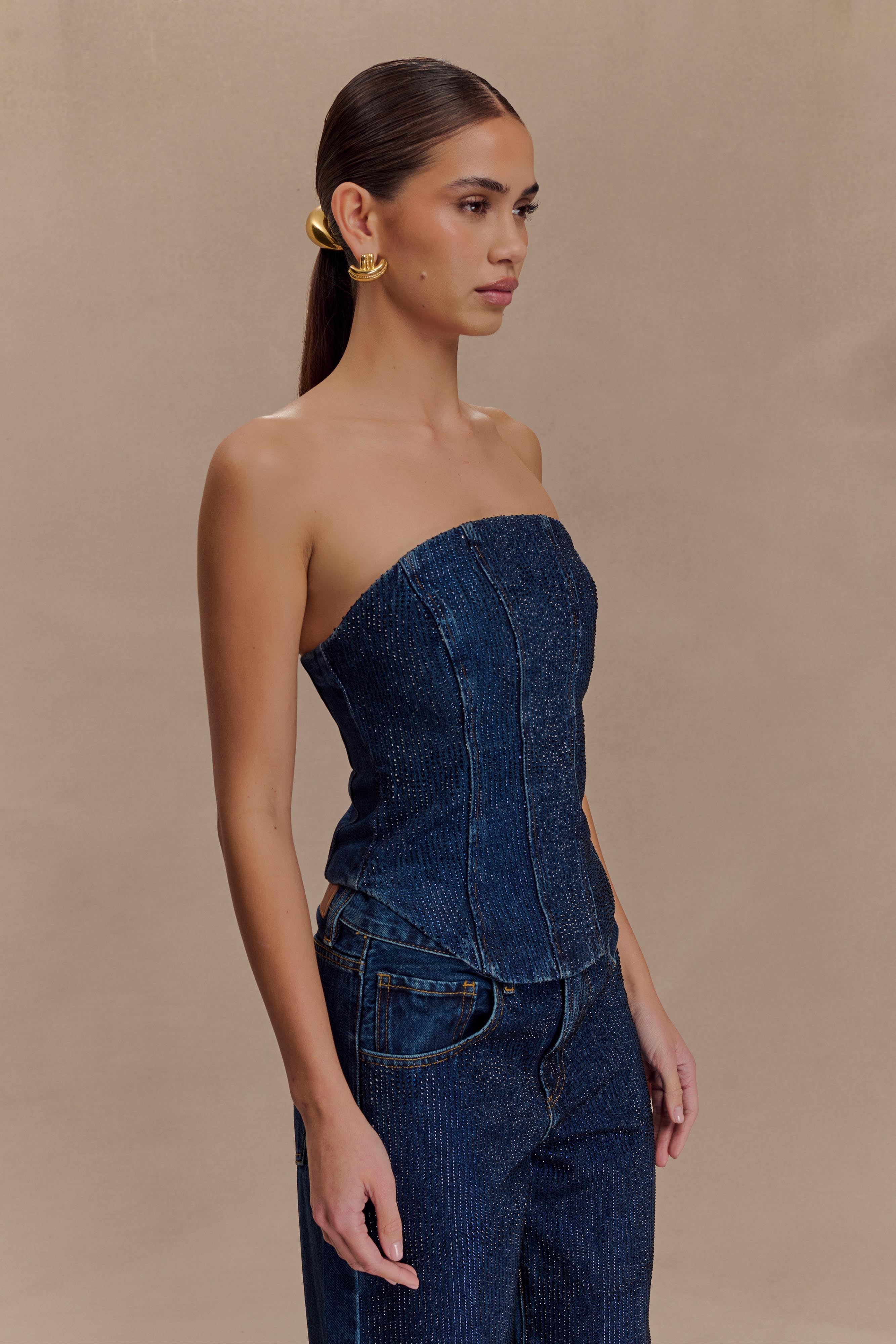 Monte Strapless Diamante Denim Corset - Midnight Blue - Image 4