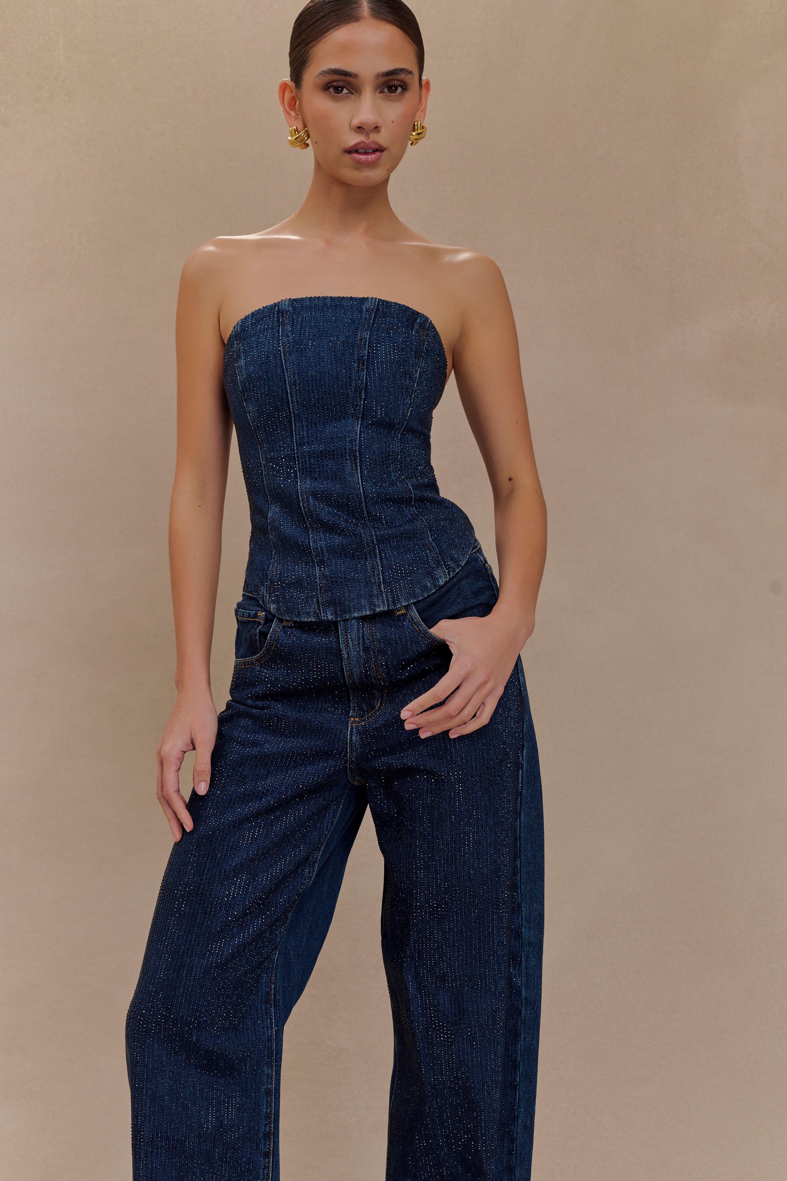 Monte Strapless Diamante Denim Corset - Midnight Blue - Image 8
