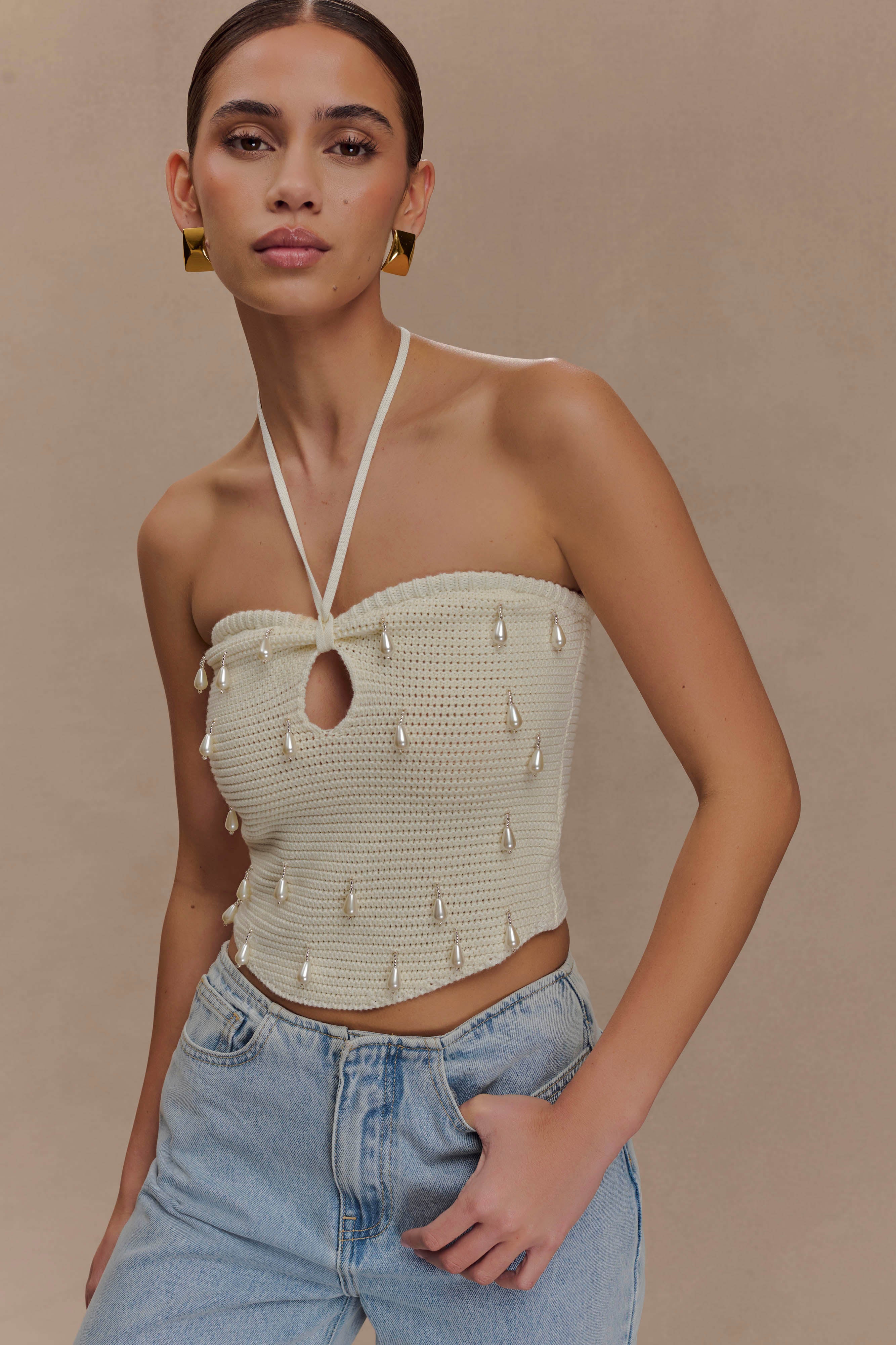 Alternative view of Aletta Knit Pearl Halter Top - Ivory