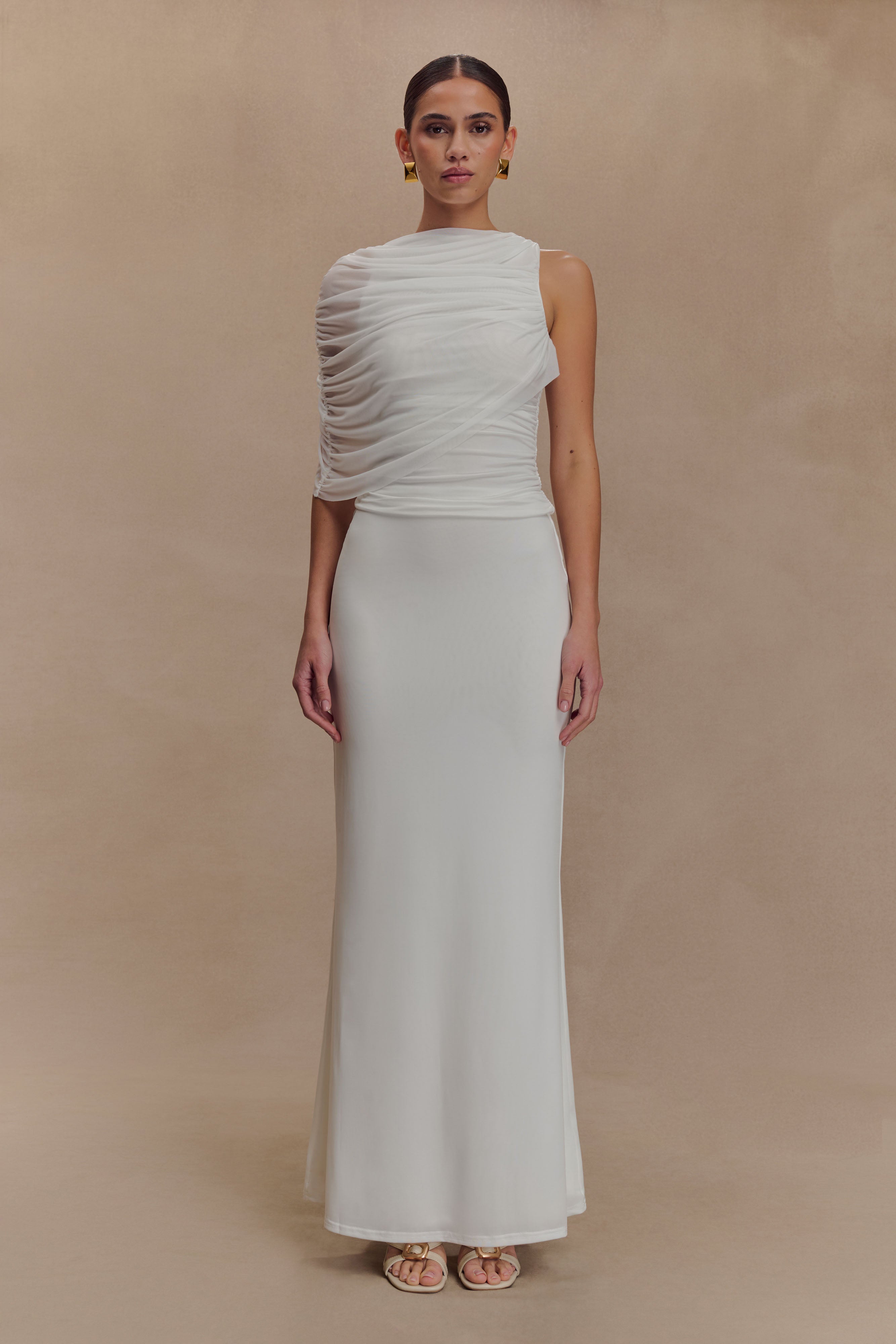 Pruedance Slinky Draped Top With Mesh Overlay - White - Image 5