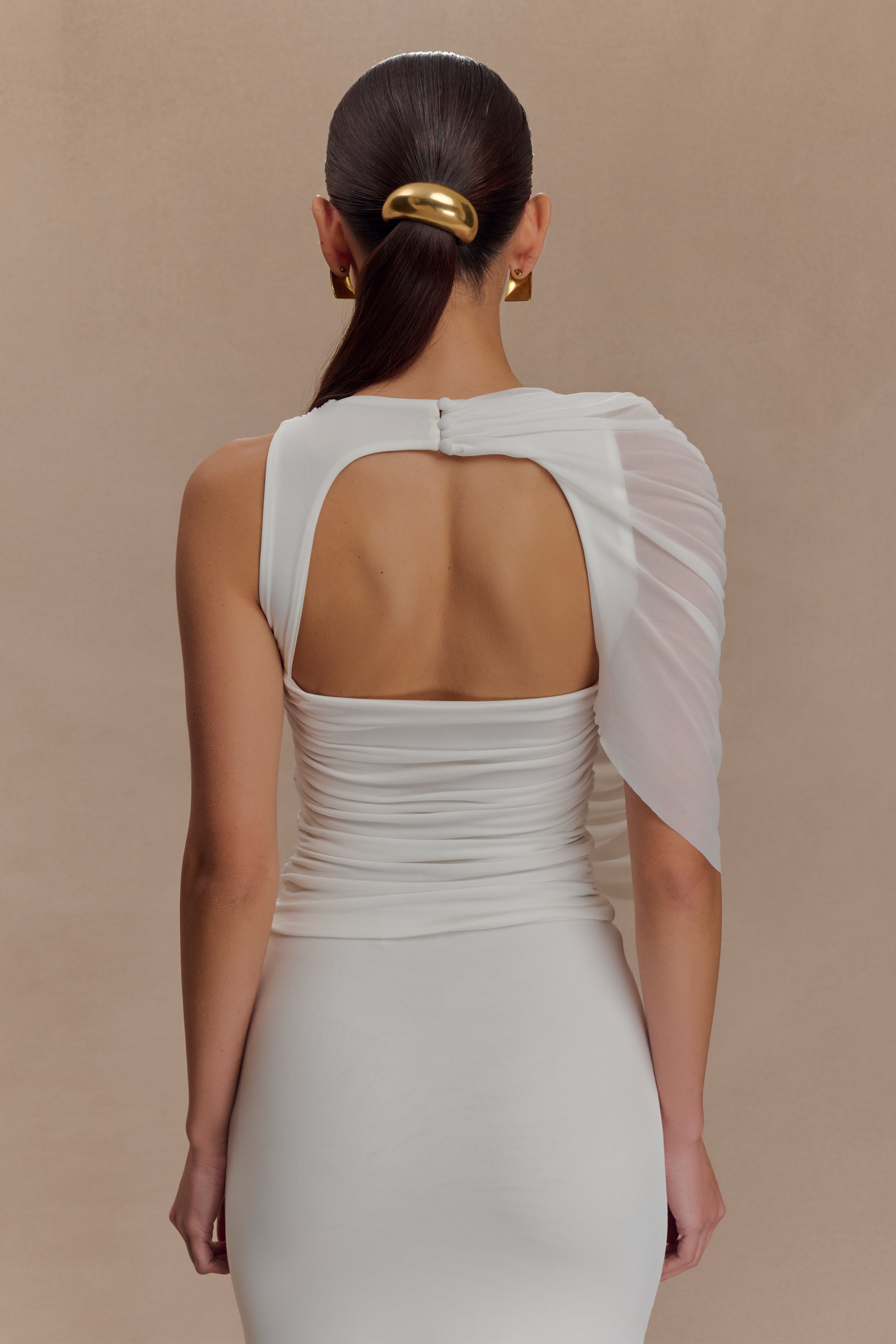 Pruedance Slinky Draped Top With Mesh Overlay - White - Image 3