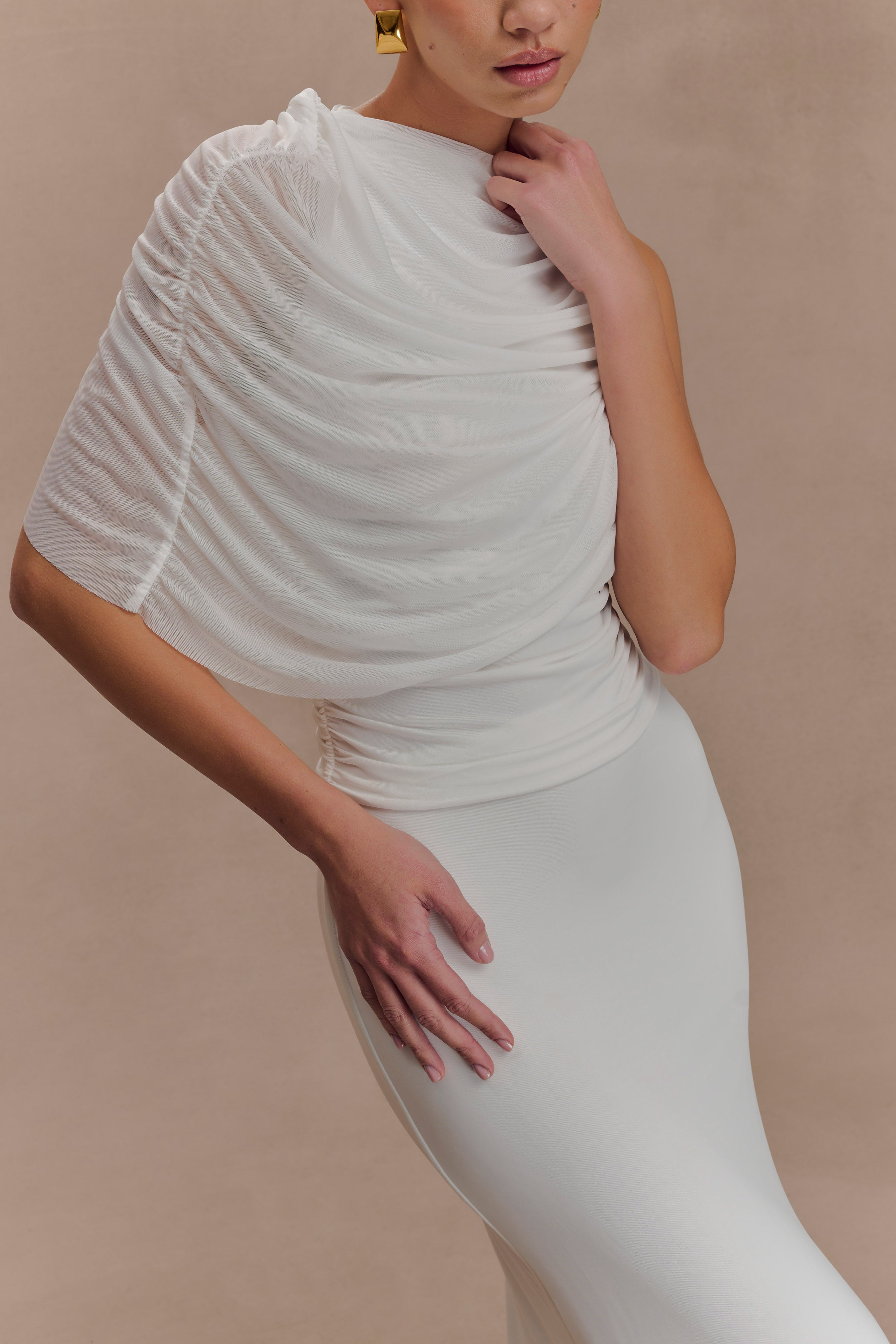 Pruedance Slinky Draped Top With Mesh Overlay - White - Image 7