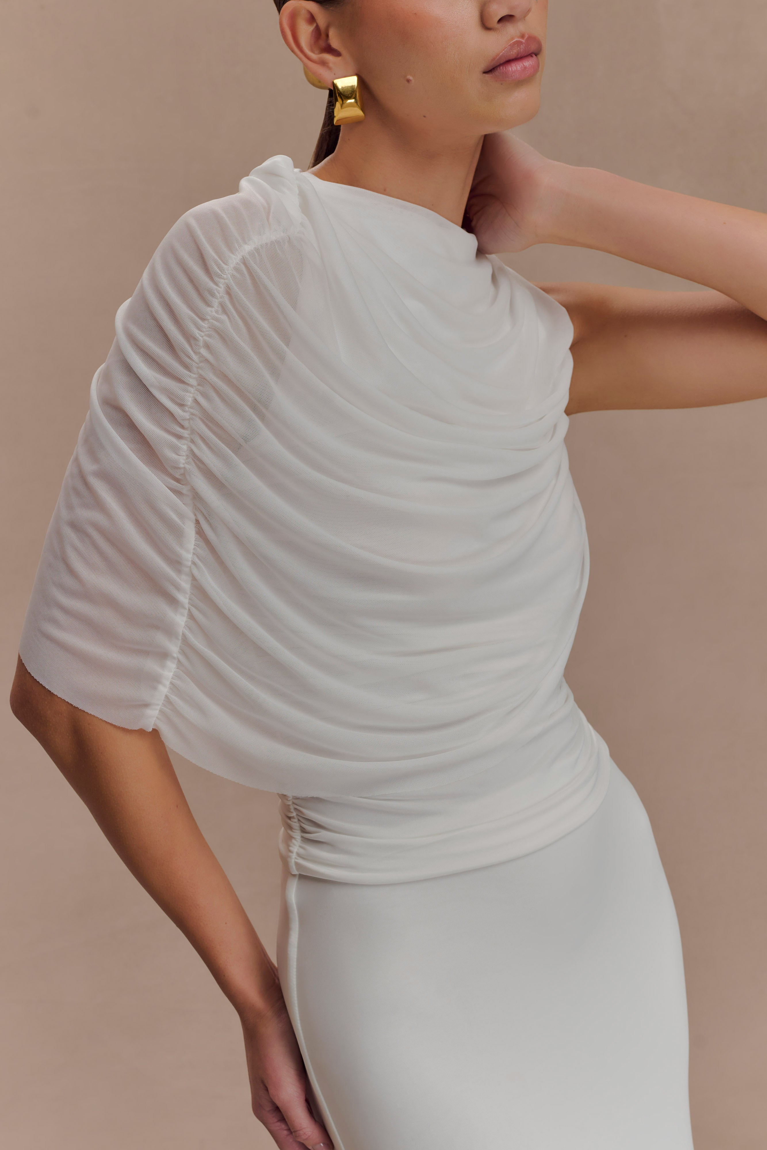 Pruedance Slinky Draped Top With Mesh Overlay - White - Image 2