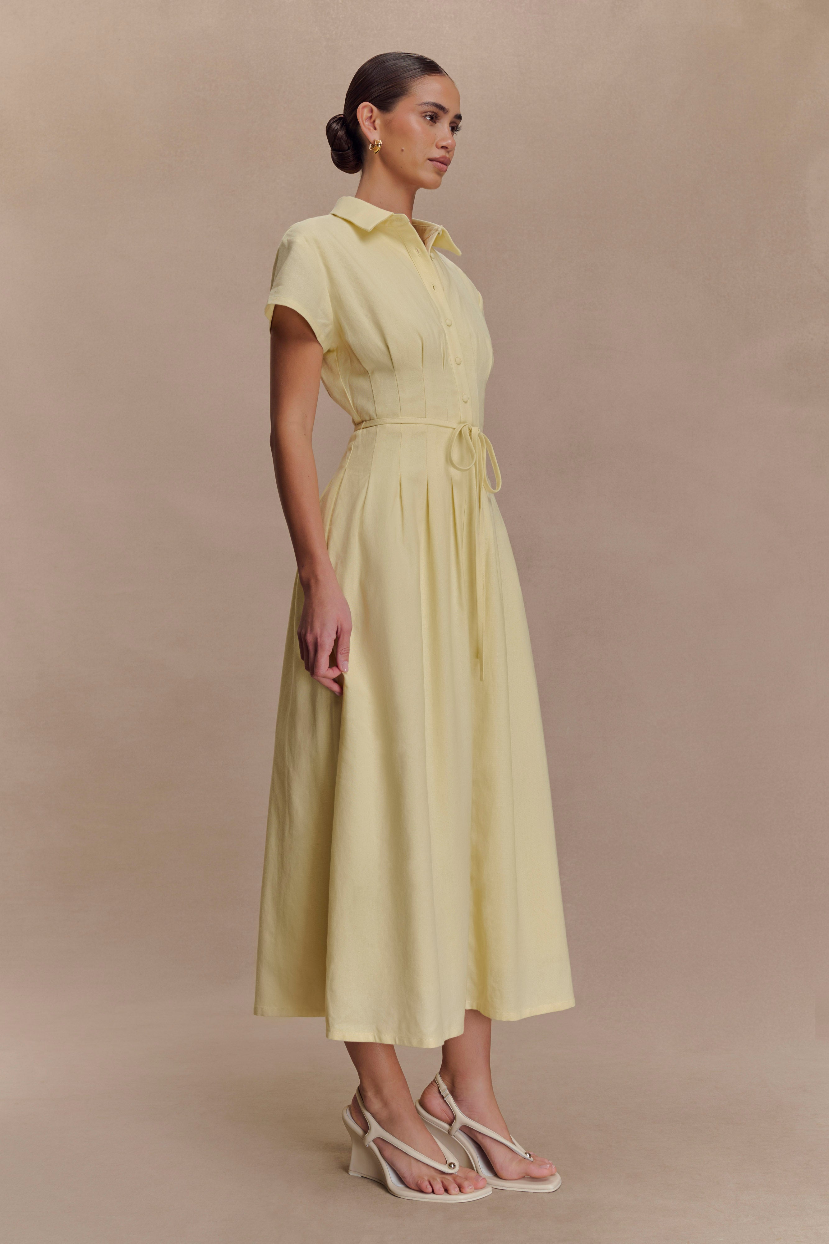 Aysha Buttoned Linen Midi Dress - Lemon - Image 3