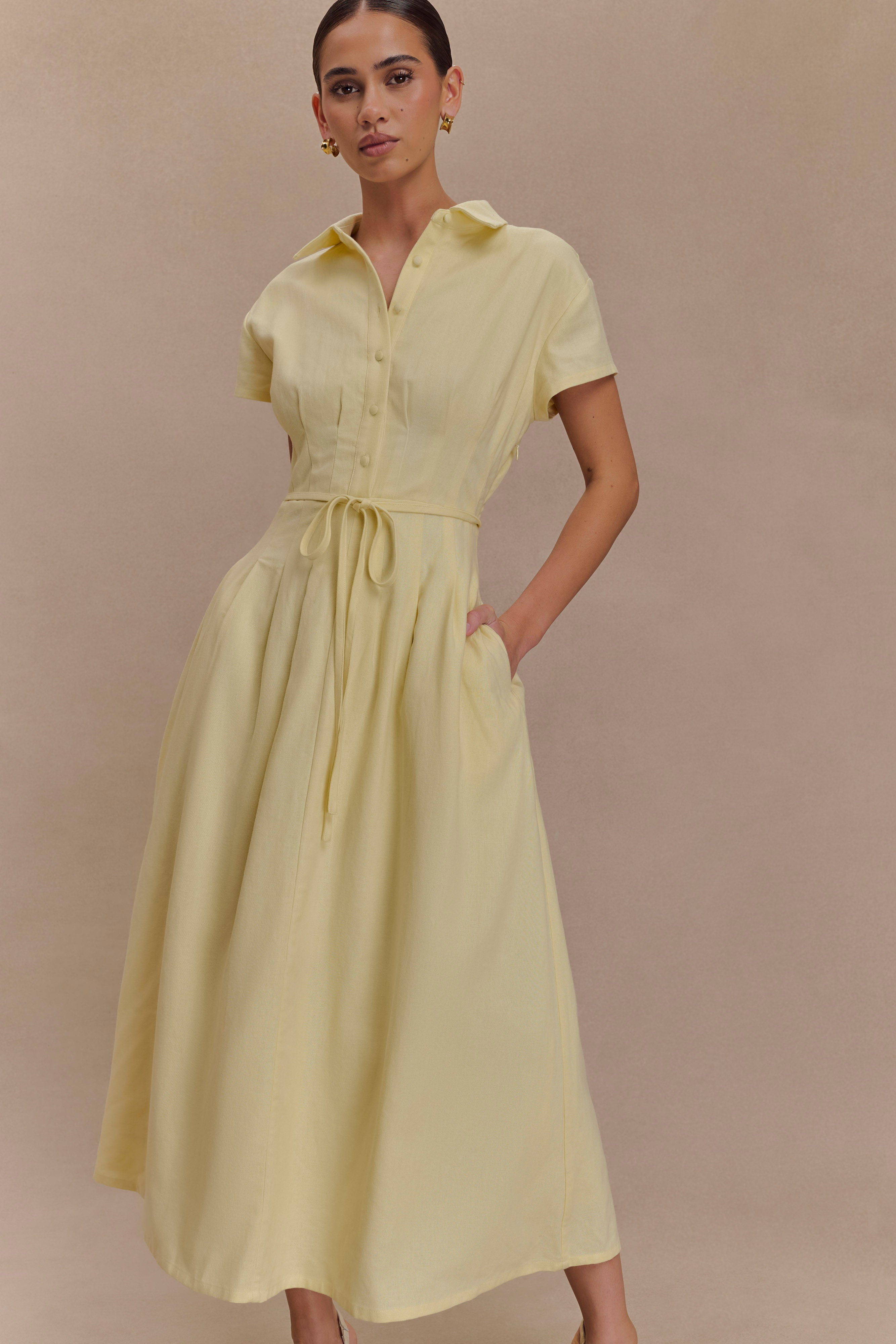 Aysha Buttoned Linen Midi Dress - Lemon - Image 5