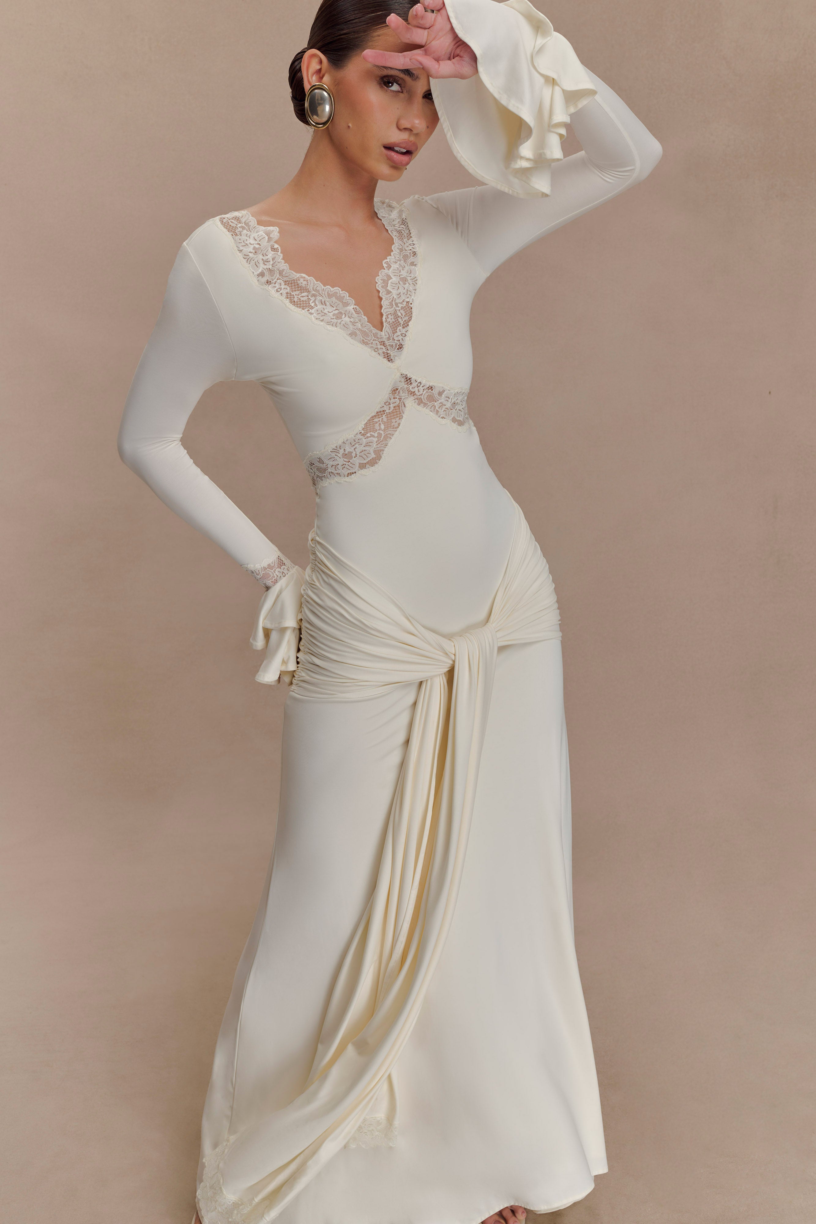 Electra Slinky Lace Maxi Dress - Ivory - Image 6